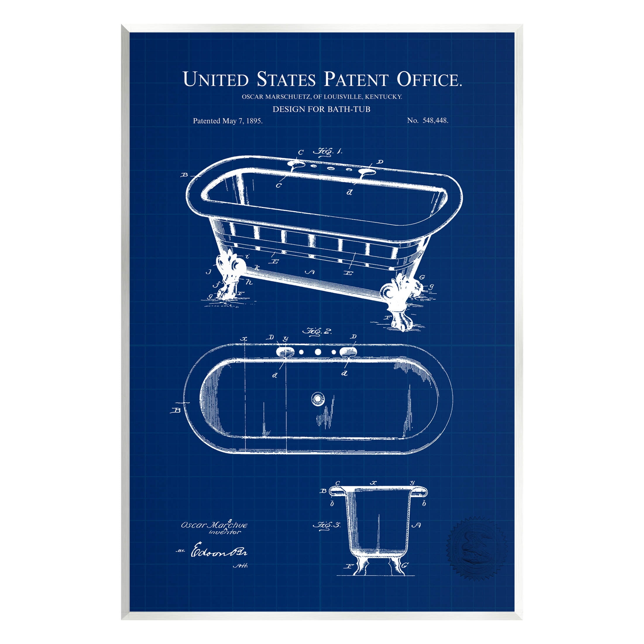 Stupell Industries Blue Bathtub Patent Blueprint Graphic Art Unframed Art Print Wall Art, Design by Karl Hronek