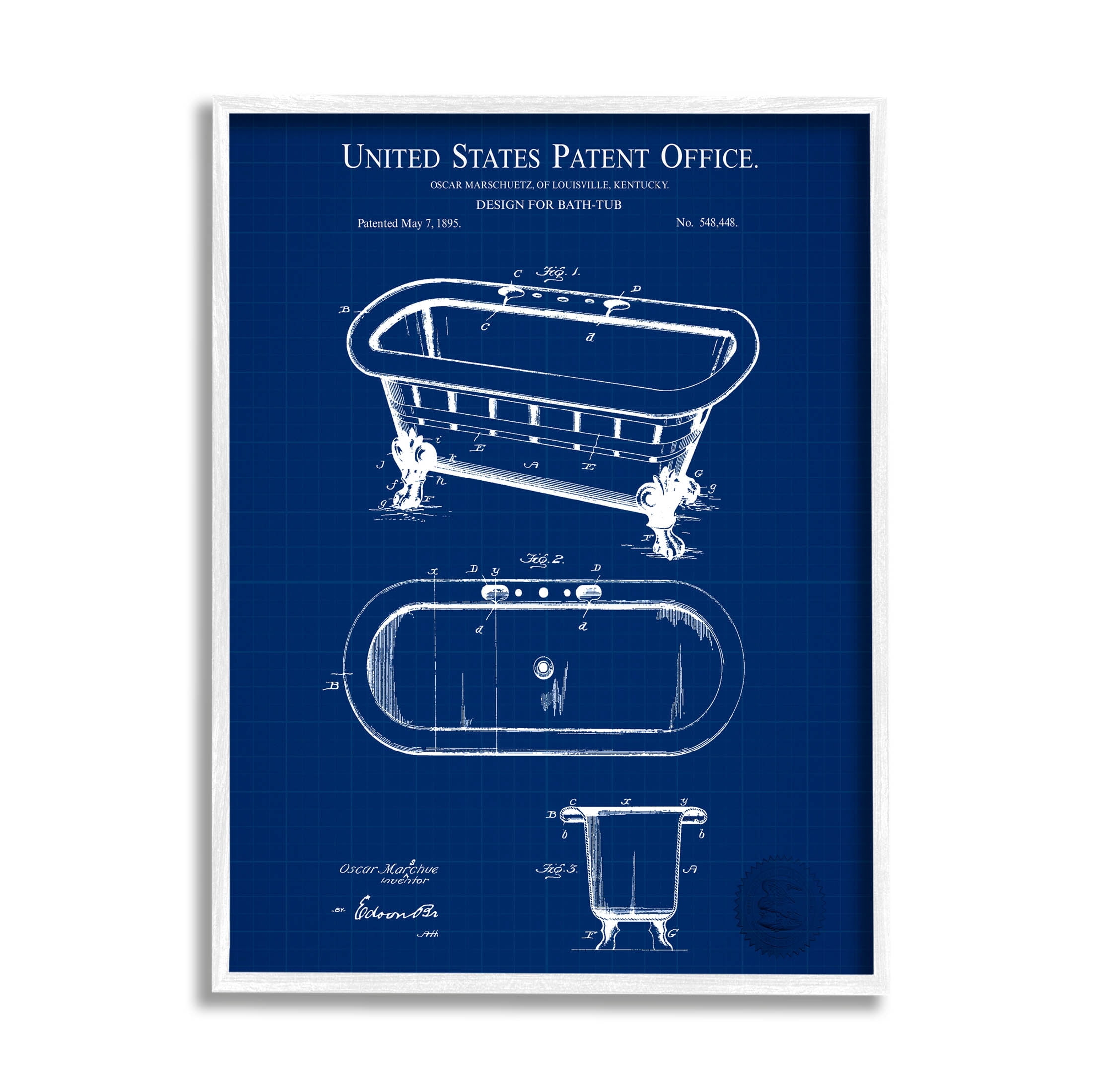 Stupell Industries Blue Bathtub Patent Blueprint Graphic Art White Framed Art Print Wall Art, Design by Karl Hronek