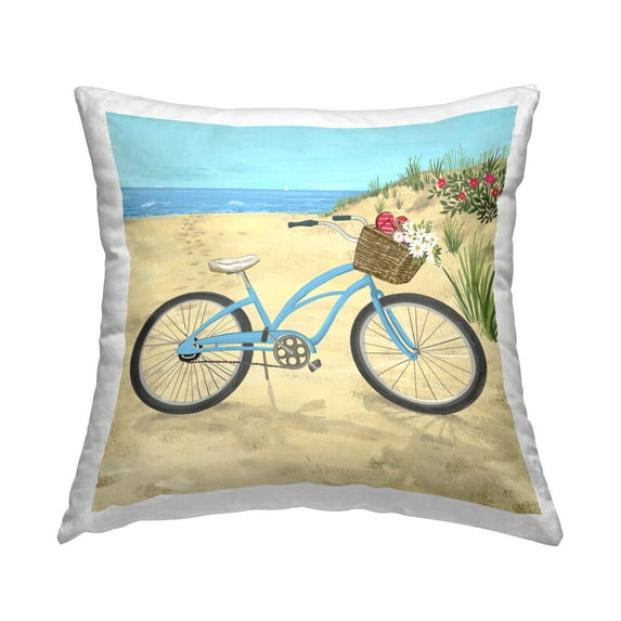 Stupell Industries Blue Beach Bicycle Flower Basket Design by Sharon Lee Throw Pillow