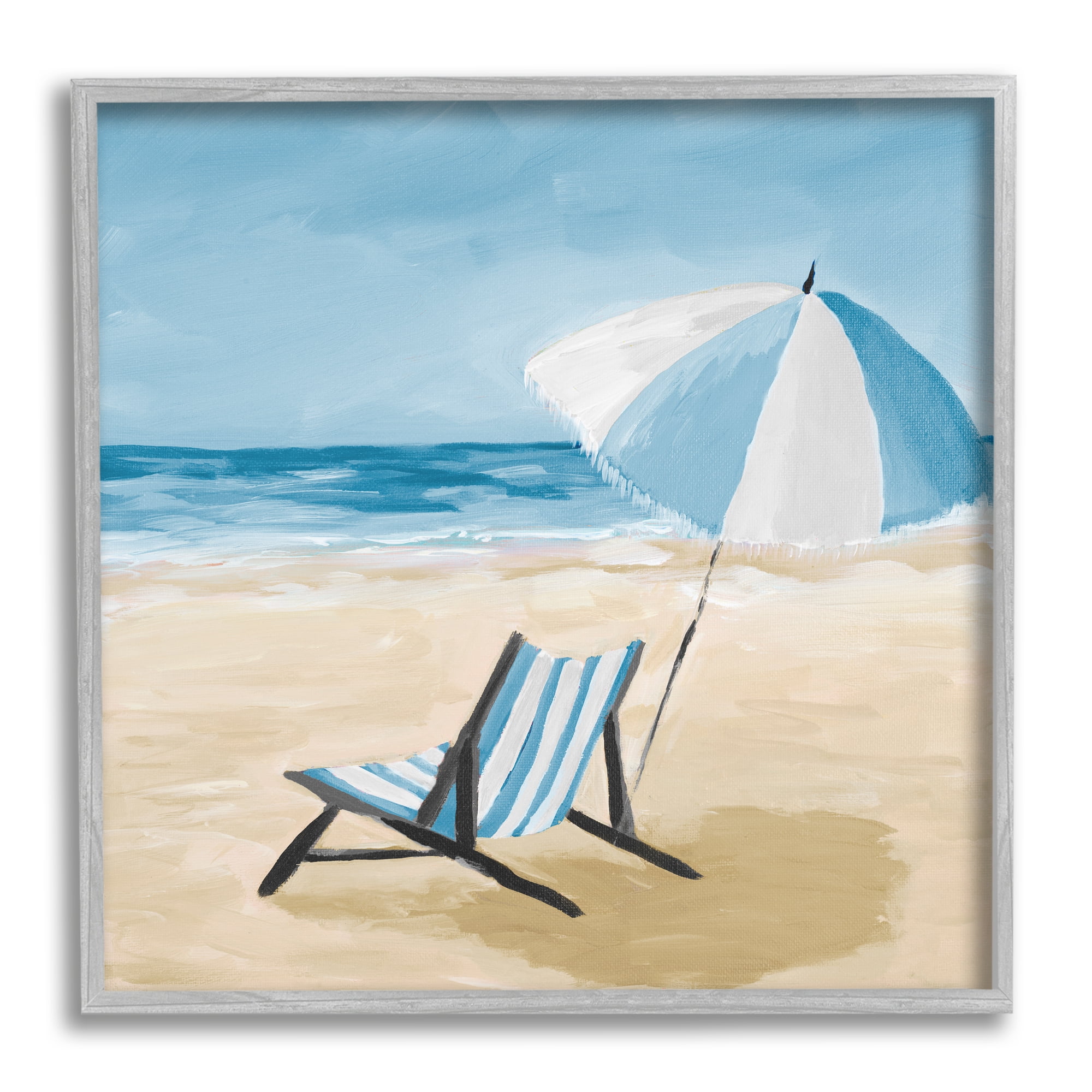 Stupell Industries Blue Beach Chair Painting Nature Painting Gray Framed Art Print Wall Art, 17 x 17
