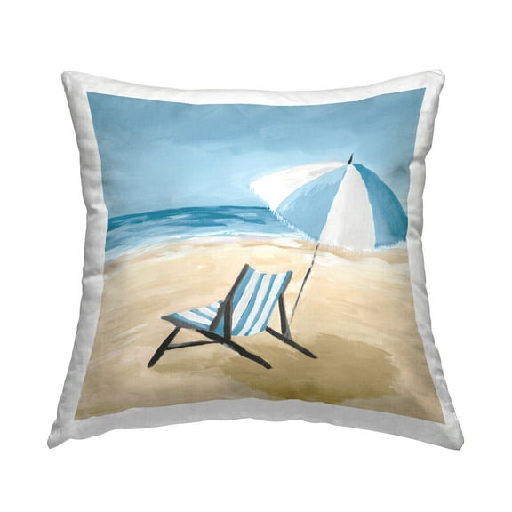 Stupell Industries Blue Beach Chair on Shore Square Decorative Printed Throw Pillow, 18 x 18