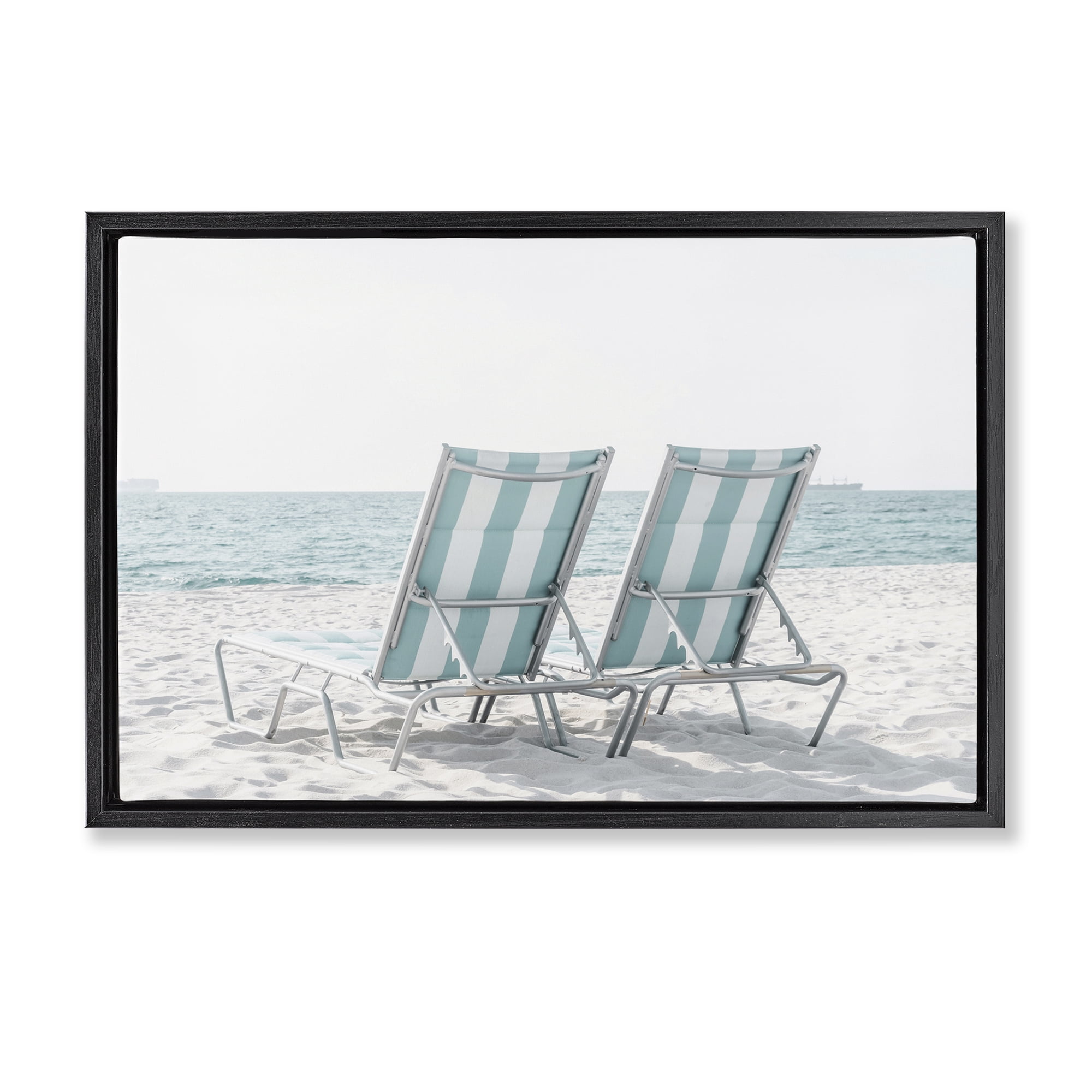 Stupell Industries Blue Beach Chairs Pair Nautical & Beach Photography Black Floater Framed Canvas Art Print Wall Art, 25 x 17