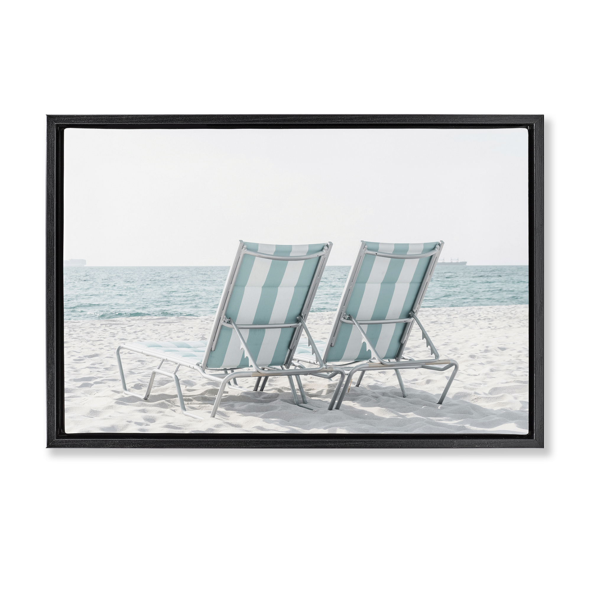 Stupell Industries Blue Beach Chairs Pair Nautical & Beach Photography Black Floater Framed Canvas Art Print Wall Art, 31 x 21