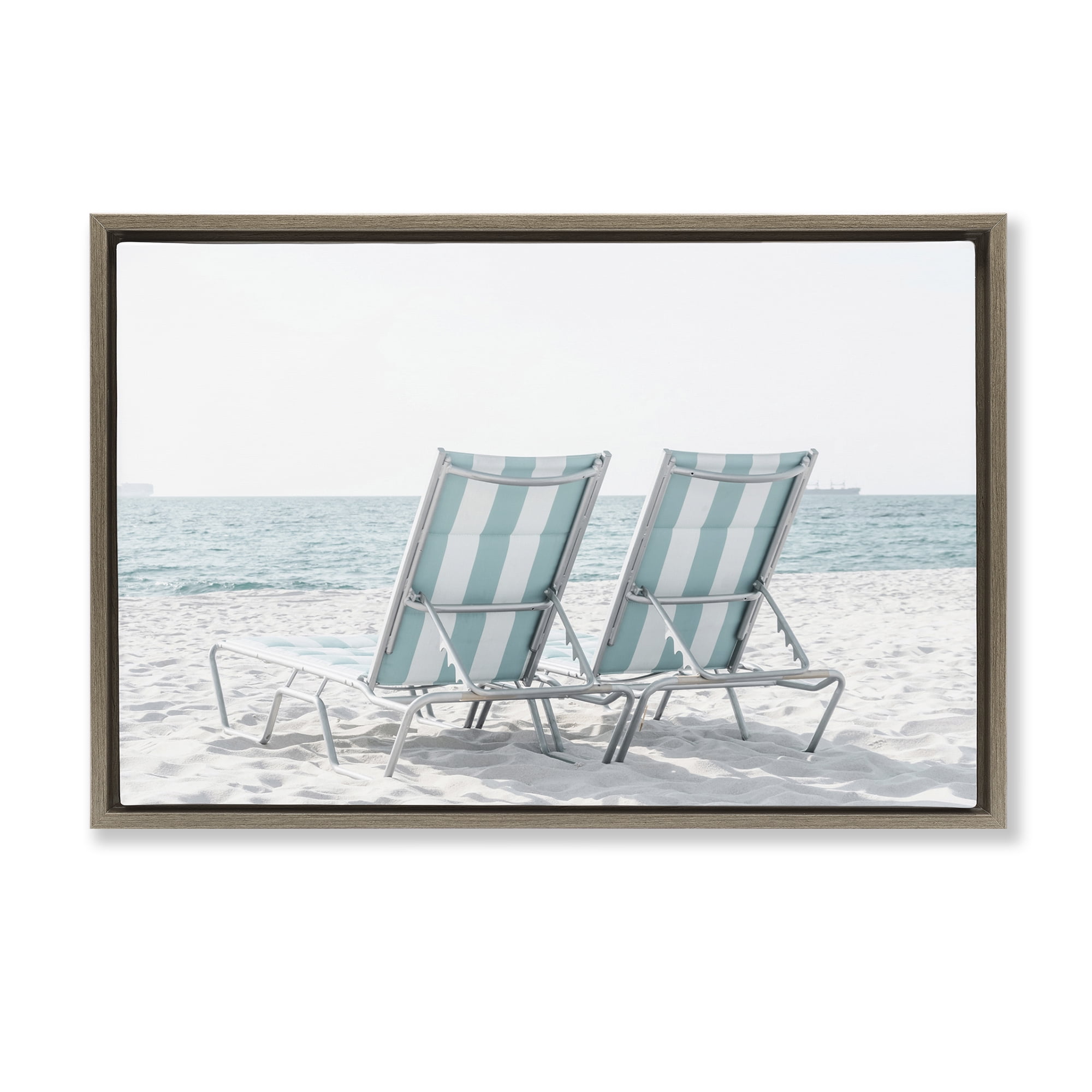 Stupell Industries Blue Beach Chairs Pair Nautical & Beach Photography Brown Floater Framed Canvas Art Print Wall Art, 25 x 17