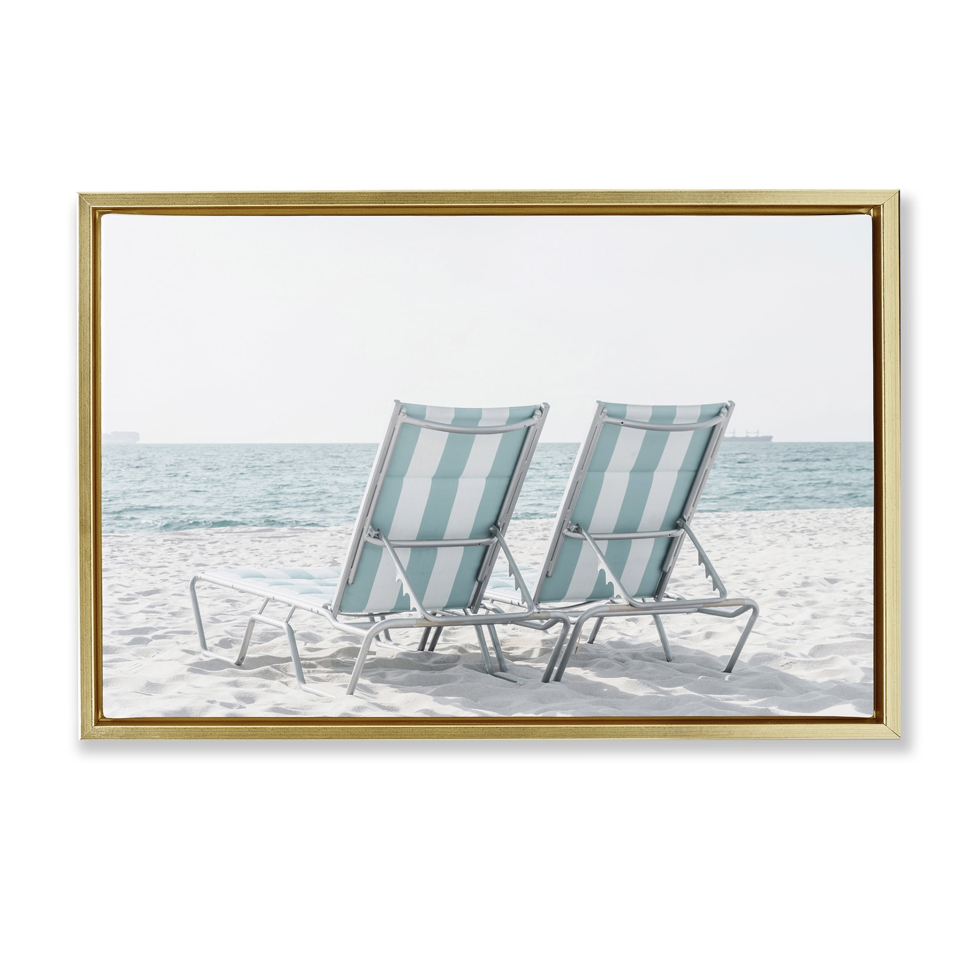 Stupell Industries Blue Beach Chairs Pair Nautical & Beach Photography Gold Floater Framed Canvas Art Print Wall Art, 25 x 17