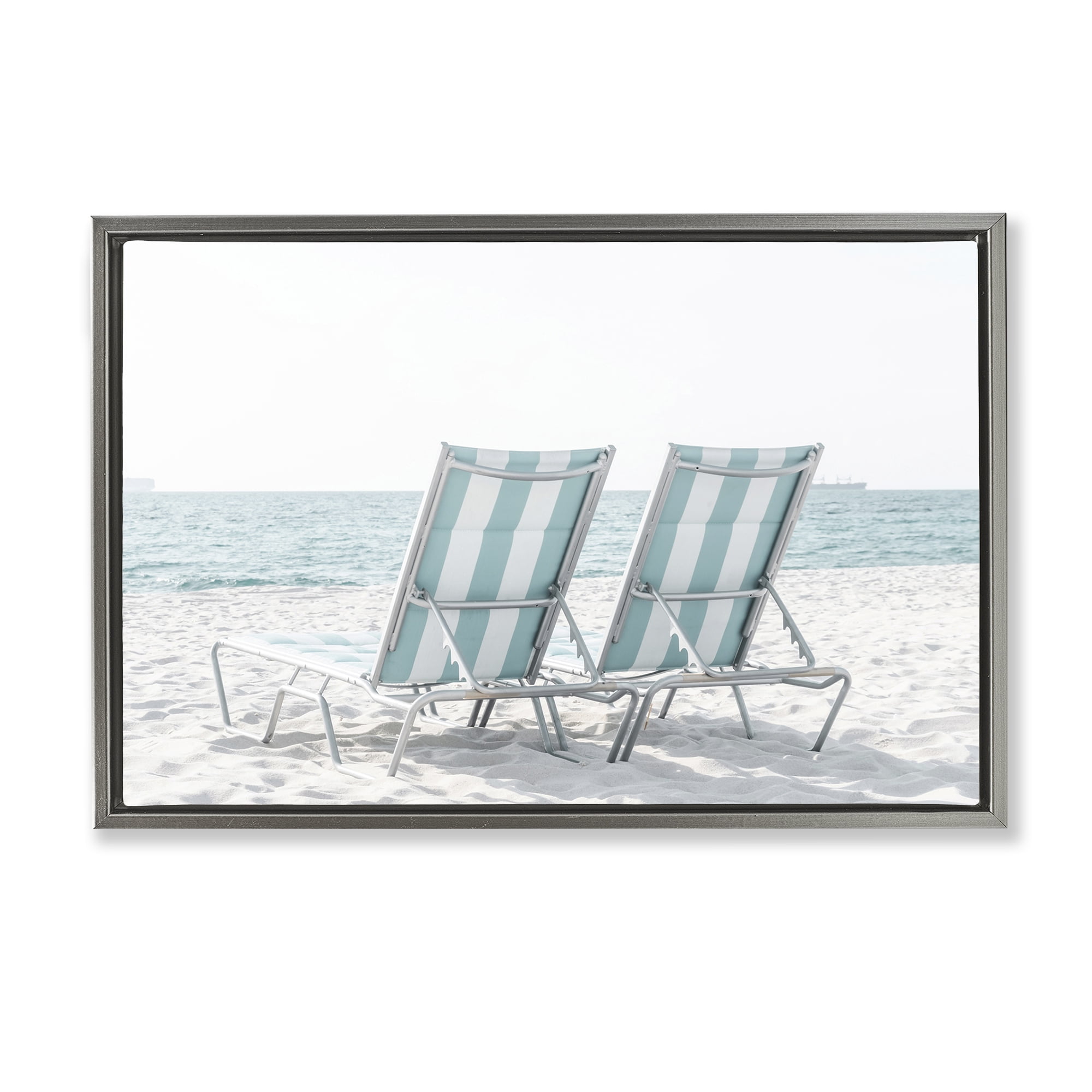 Stupell Industries Blue Beach Chairs Pair Nautical & Beach Photography Gray Floater Framed Canvas Art Print Wall Art, 31 x 21