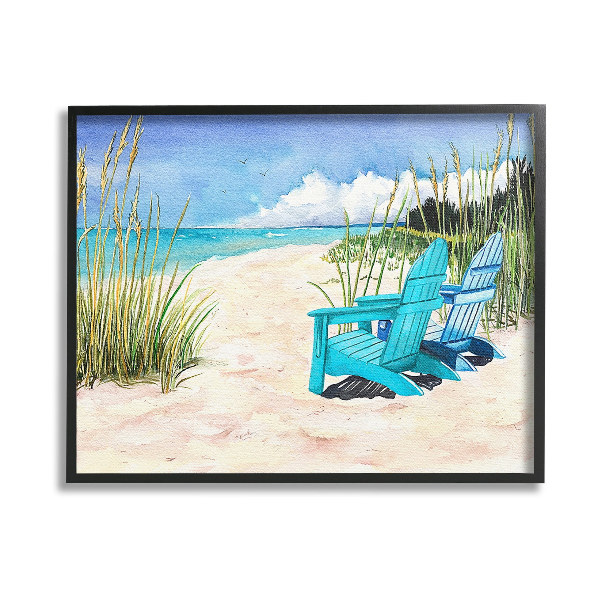 Stupell Industries Blue Beach Chairs Scene Landscape Painting Black Framed Art Print Wall Art, 14 x 11