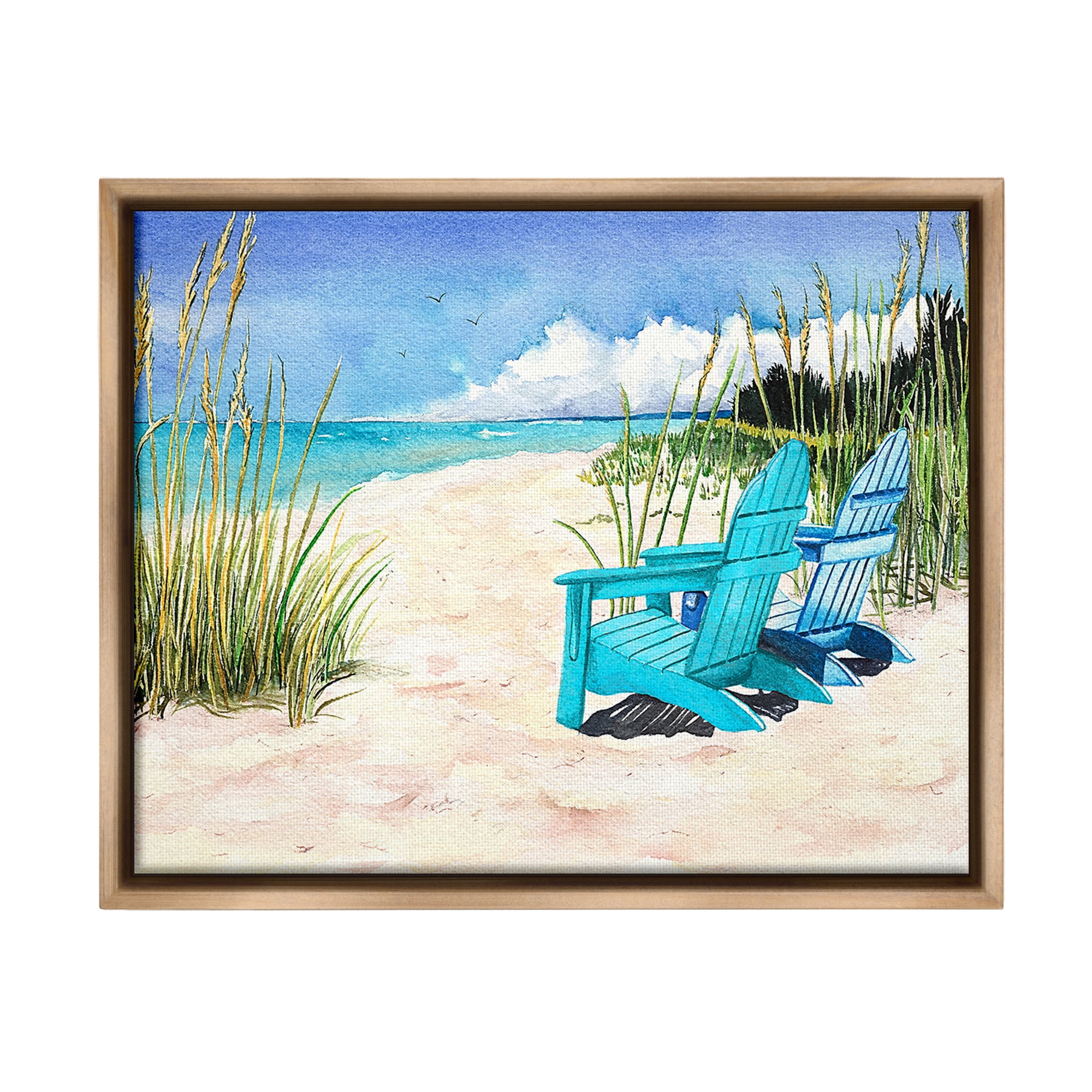 Stupell Industries Blue Beach Chairs Scene Landscape Painting Brown Floater Framed Canvas Art Print Wall Art, 31 x 25