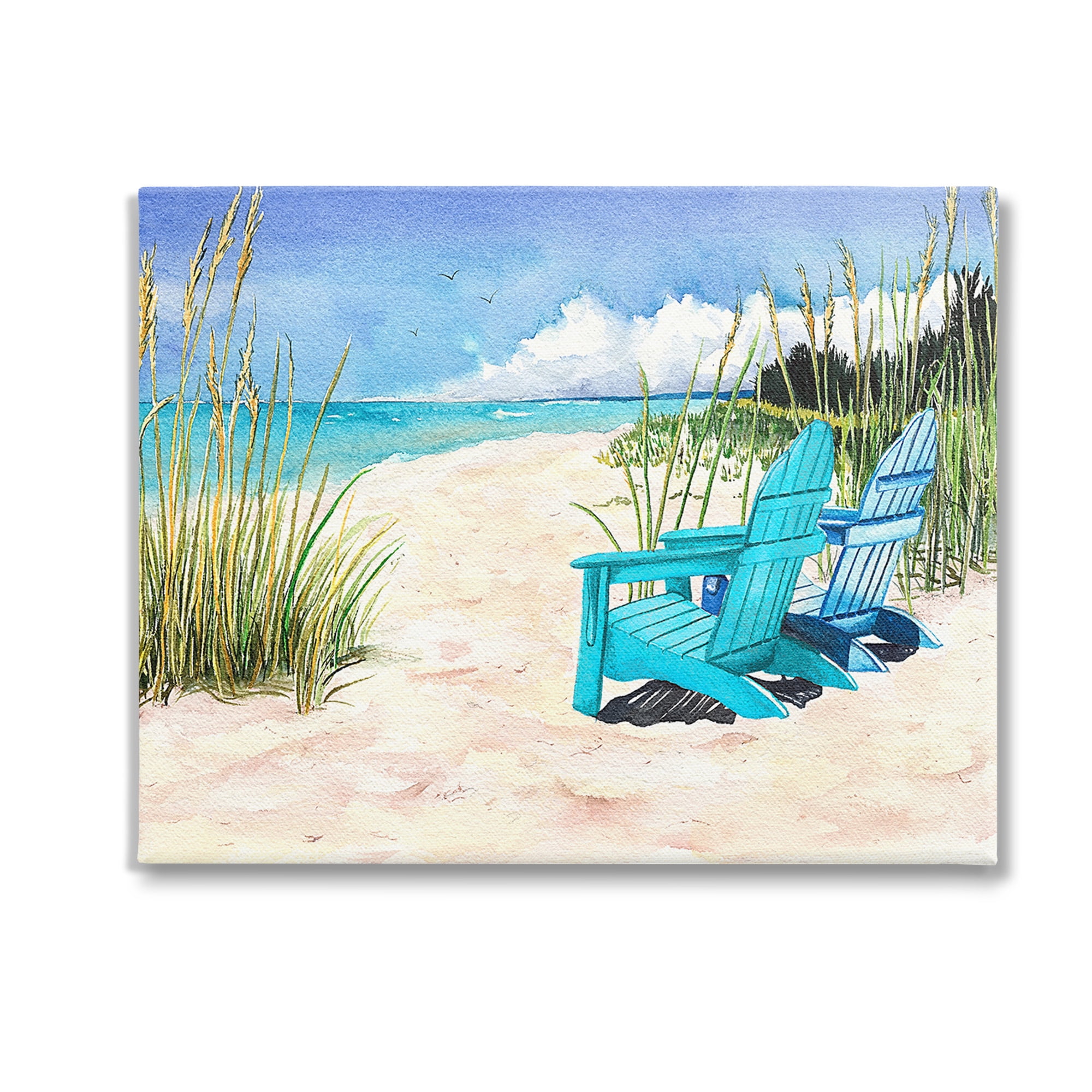 Stupell Industries Blue Beach Chairs Scene Landscape Painting Gallery Wrapped Canvas Art Print Wall Art, 20 x 16