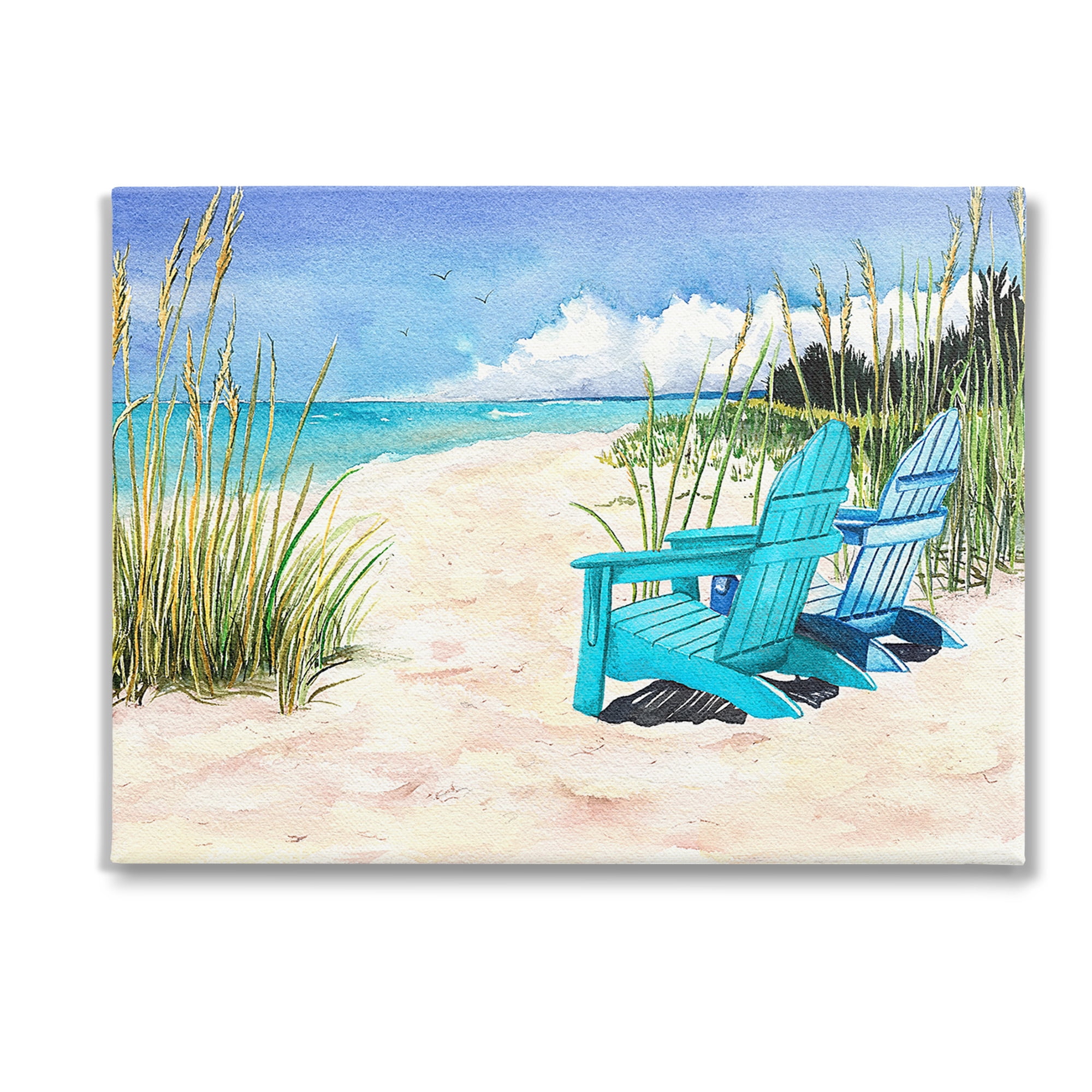 Stupell Industries Blue Beach Chairs Scene Landscape Painting Gallery Wrapped Canvas Art Print Wall Art, 48 x 36