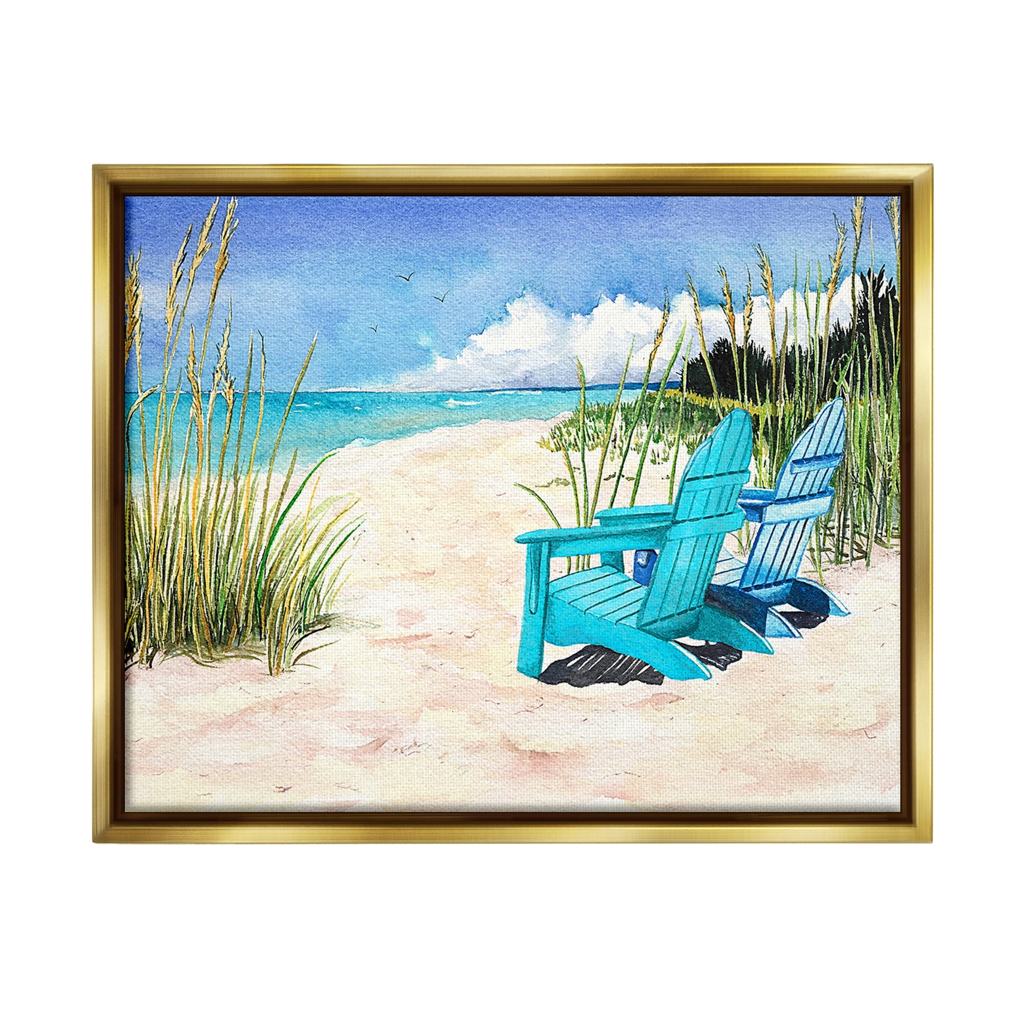Stupell Industries Blue Beach Chairs Scene Landscape Painting Gold Floater Framed Canvas Art Print Wall Art, 31 x 25