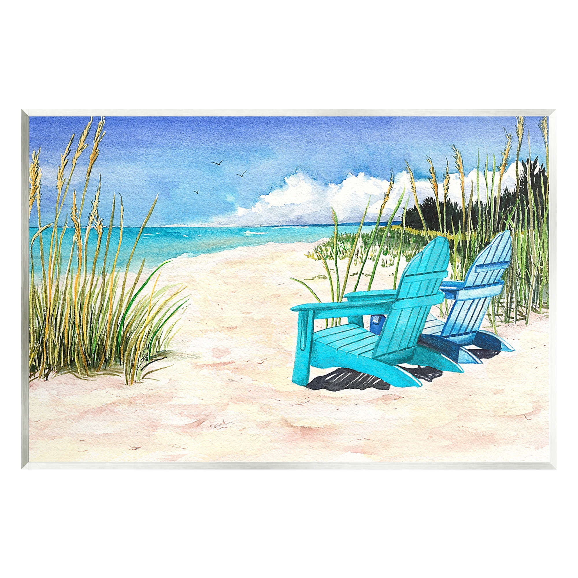 Stupell Industries Blue Beach Chairs Scene Landscape Painting Unframed Art Print Wall Art, 19 x 13