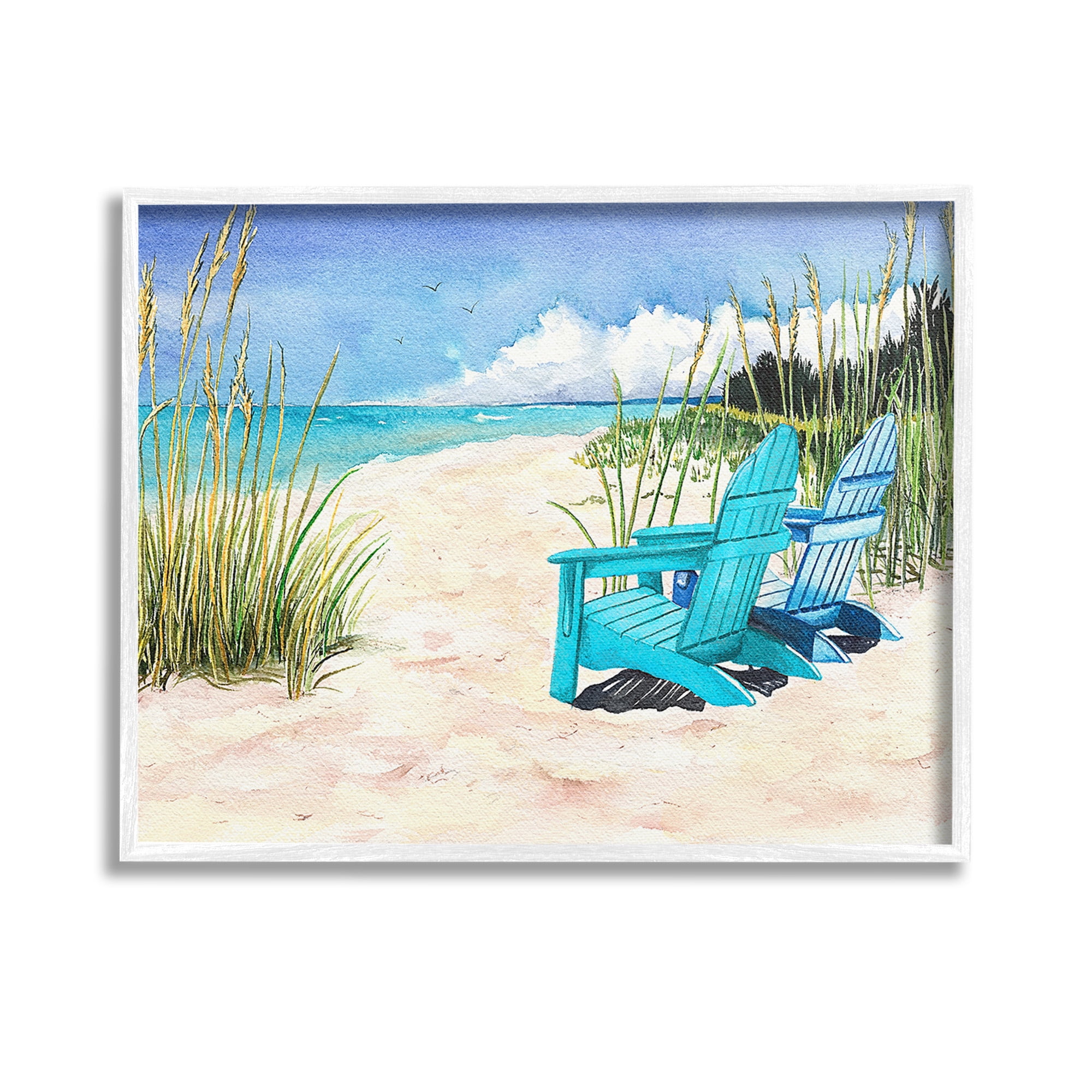 Stupell Industries Blue Beach Chairs Scene Landscape Painting White Framed Art Print Wall Art, 14 x 11