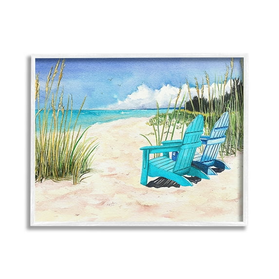 Stupell Industries Blue Beach Chairs Scene Landscape Painting White Framed Art Print Wall Art, 20 x 16