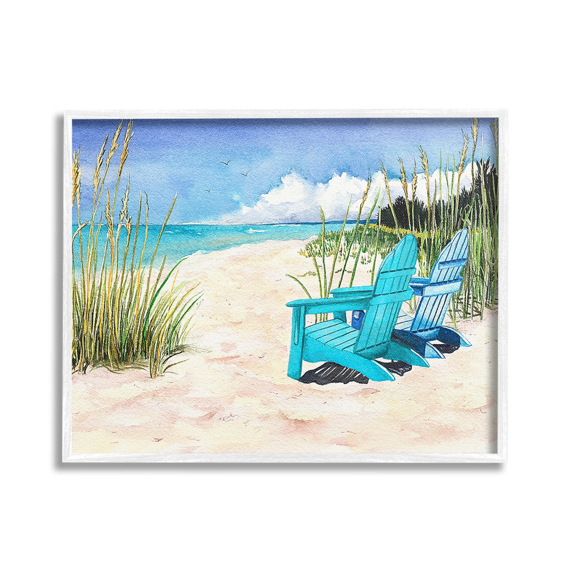 Stupell Industries Blue Beach Chairs Scene Landscape Painting White Framed Art Print Wall Art, 30 x 24