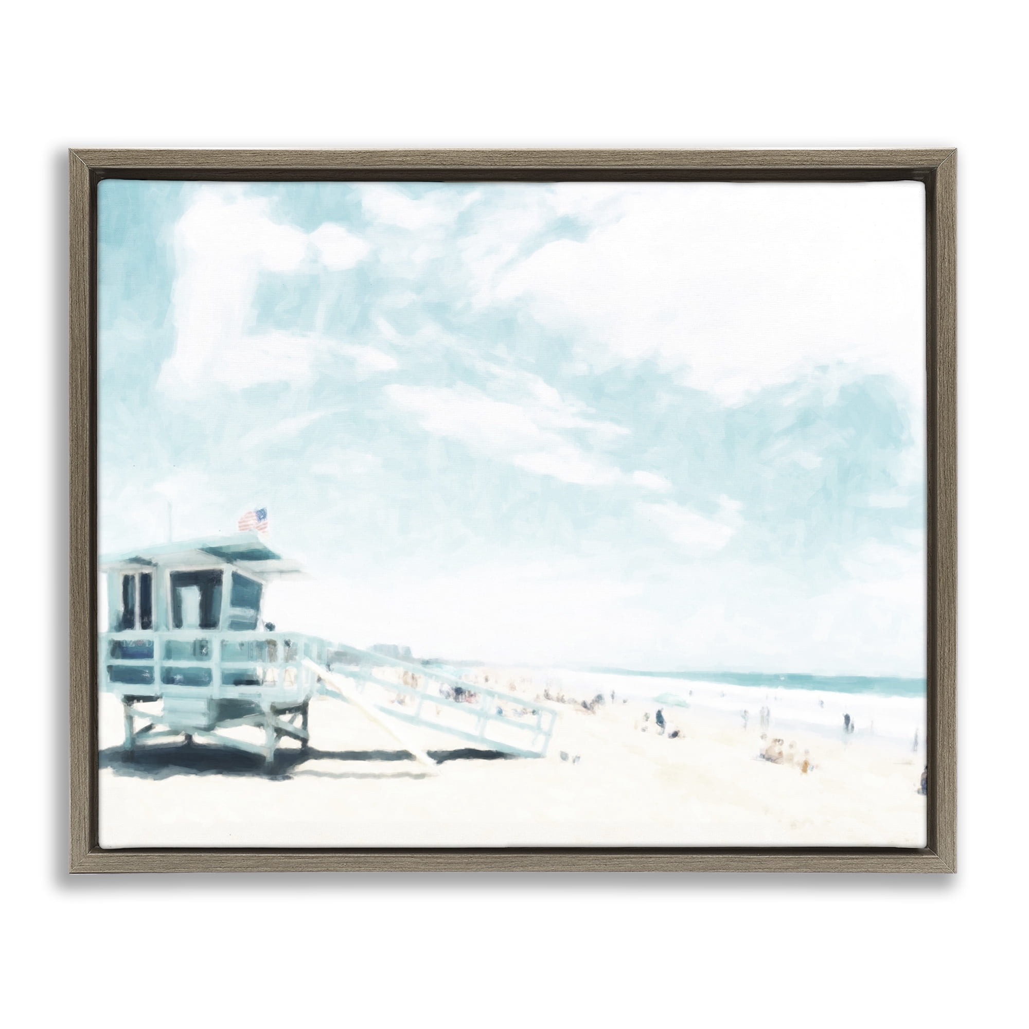 Stupell Industries Blue Beach Station Brown Framed Floater Canvas Wall Art, design by Kim Curinga