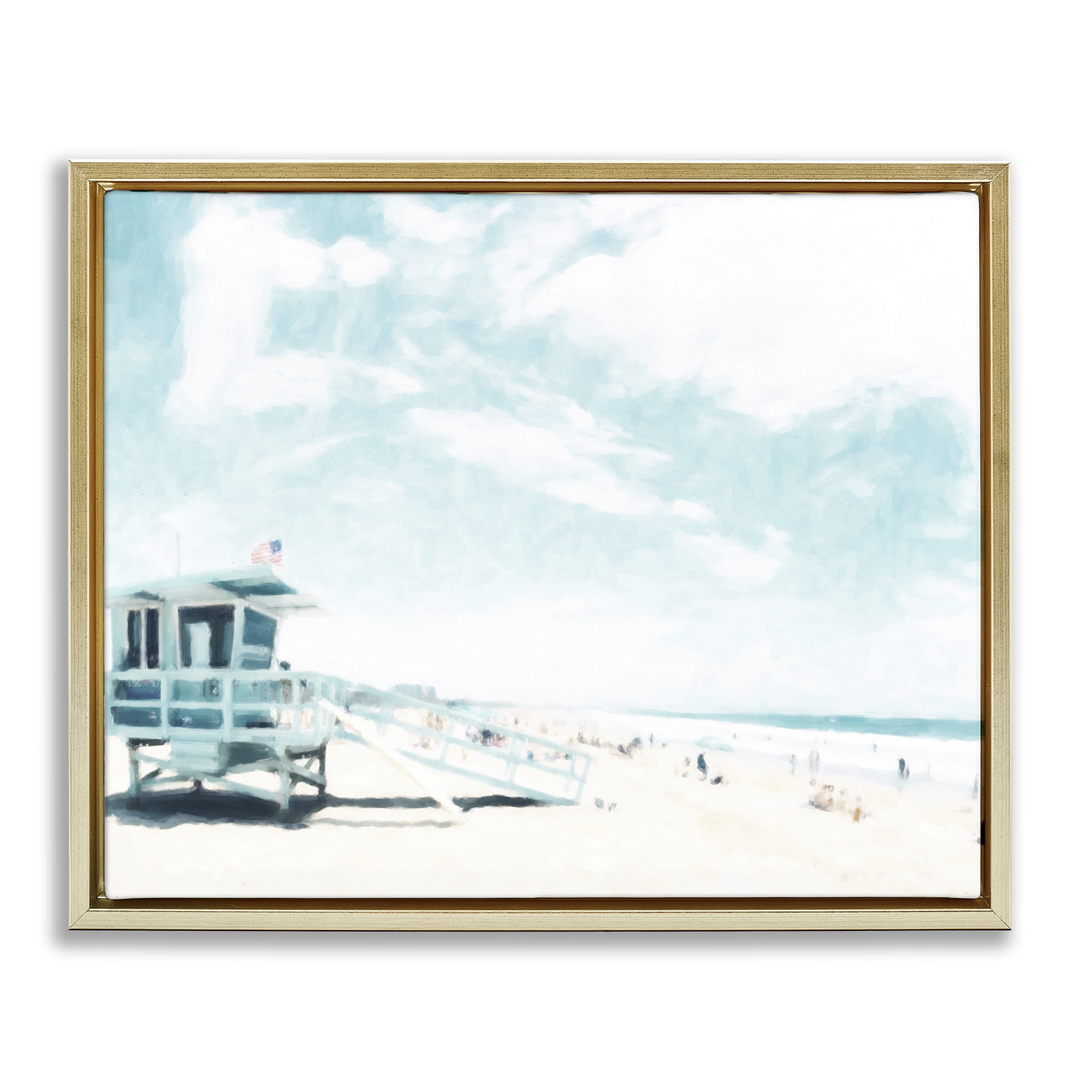 Stupell Industries Blue Beach Station Gold Framed Floater Canvas Wall Art, design by Kim Curinga