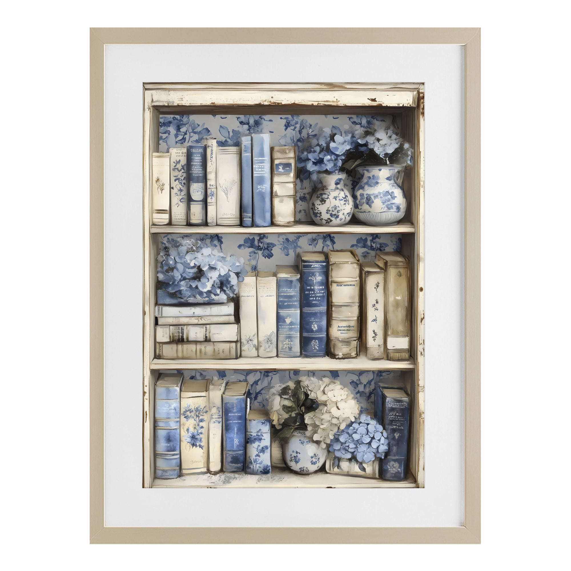 Stupell Industries Blue & Beige Bookcase Birch Framed Print Under Glass, design by LSR Design Studio