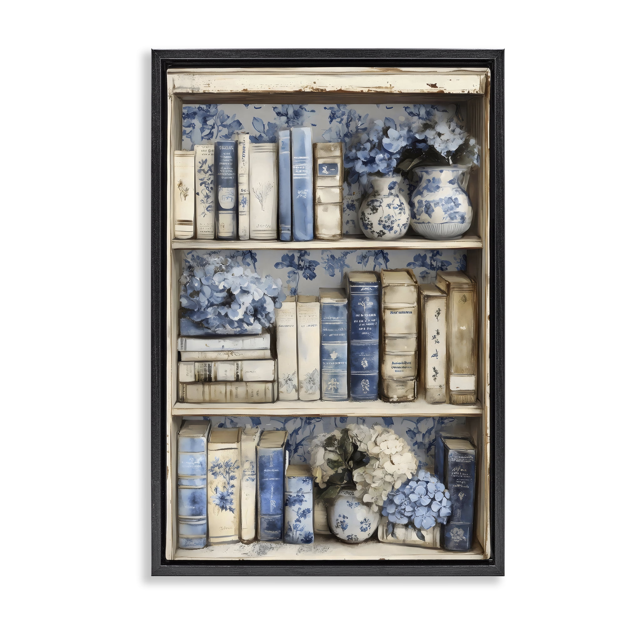 Stupell Industries Blue & Beige Bookcase Black Framed Floater Canvas Wall Art, design by LSR Design Studio