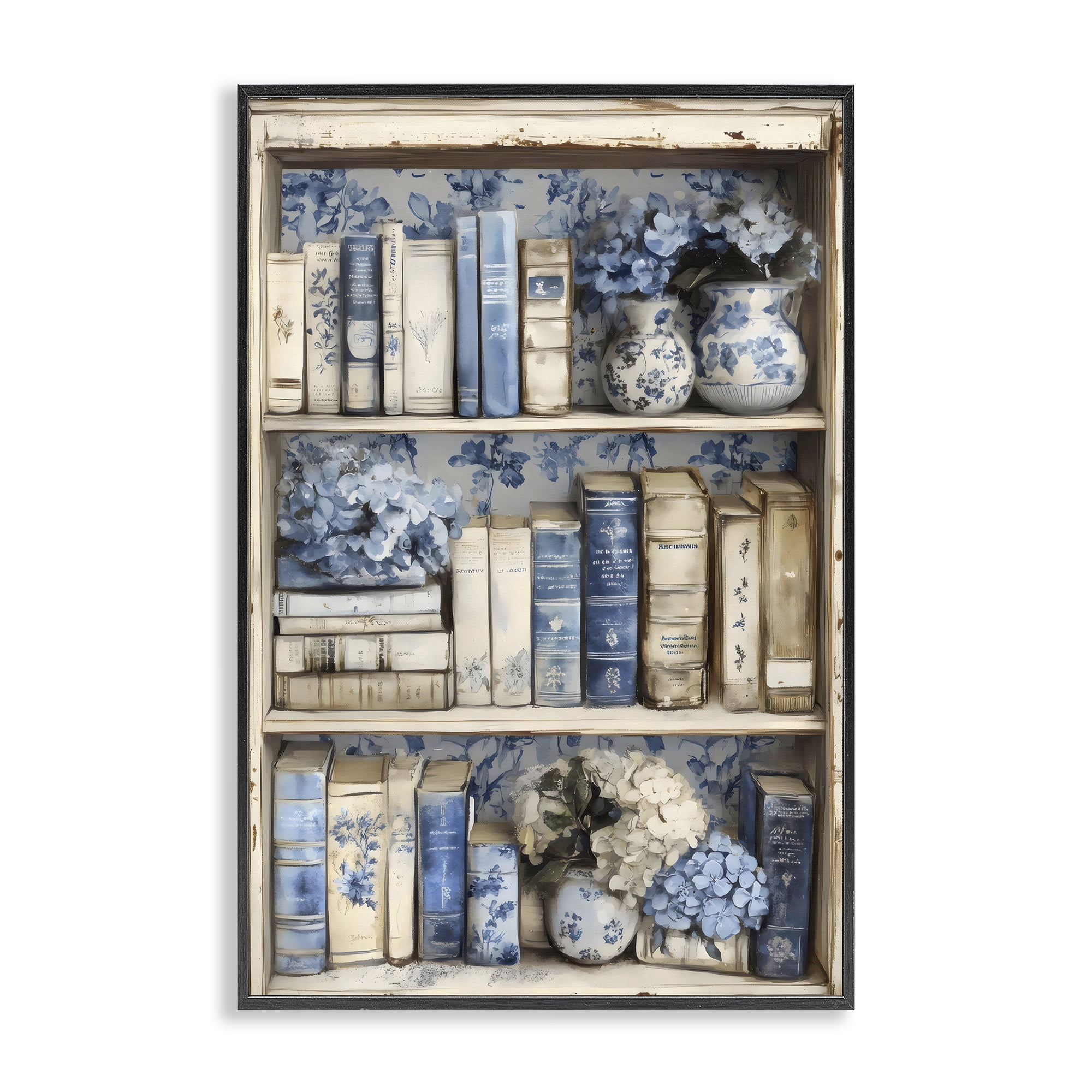Stupell Industries Blue & Beige Bookcase Black Framed Giclee Art, design by LSR Design Studio