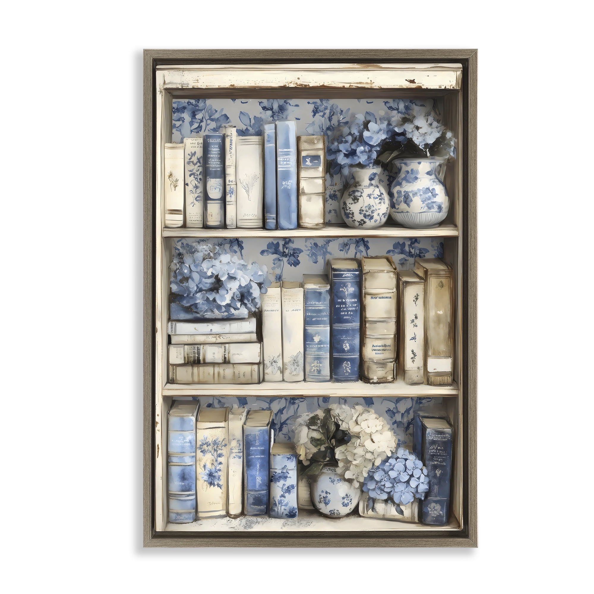 Stupell Industries Blue & Beige Bookcase Brown Framed Floater Canvas Wall Art, design by LSR Design Studio