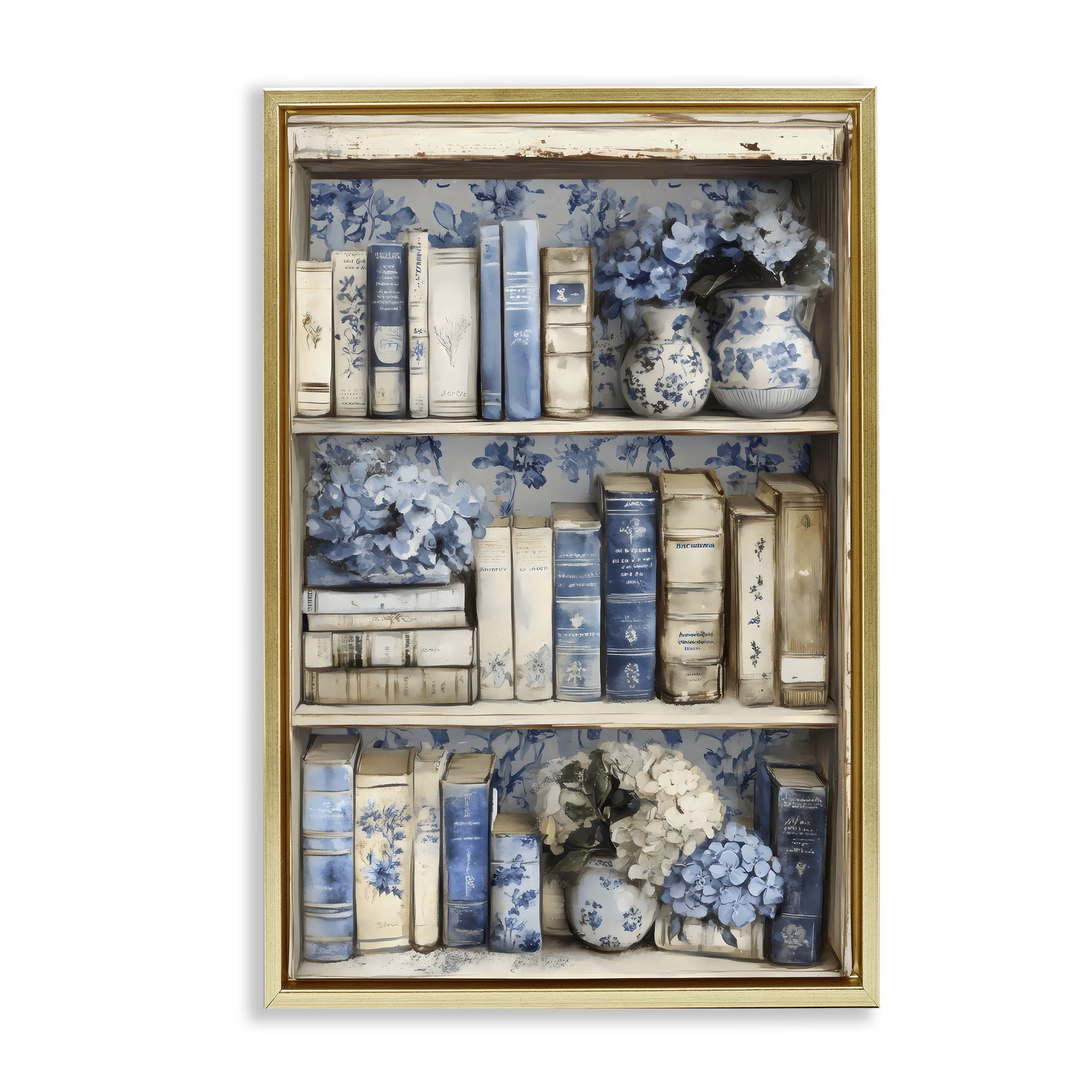 Stupell Industries Blue & Beige Bookcase Gold Framed Floater Canvas Wall Art, design by LSR Design Studio