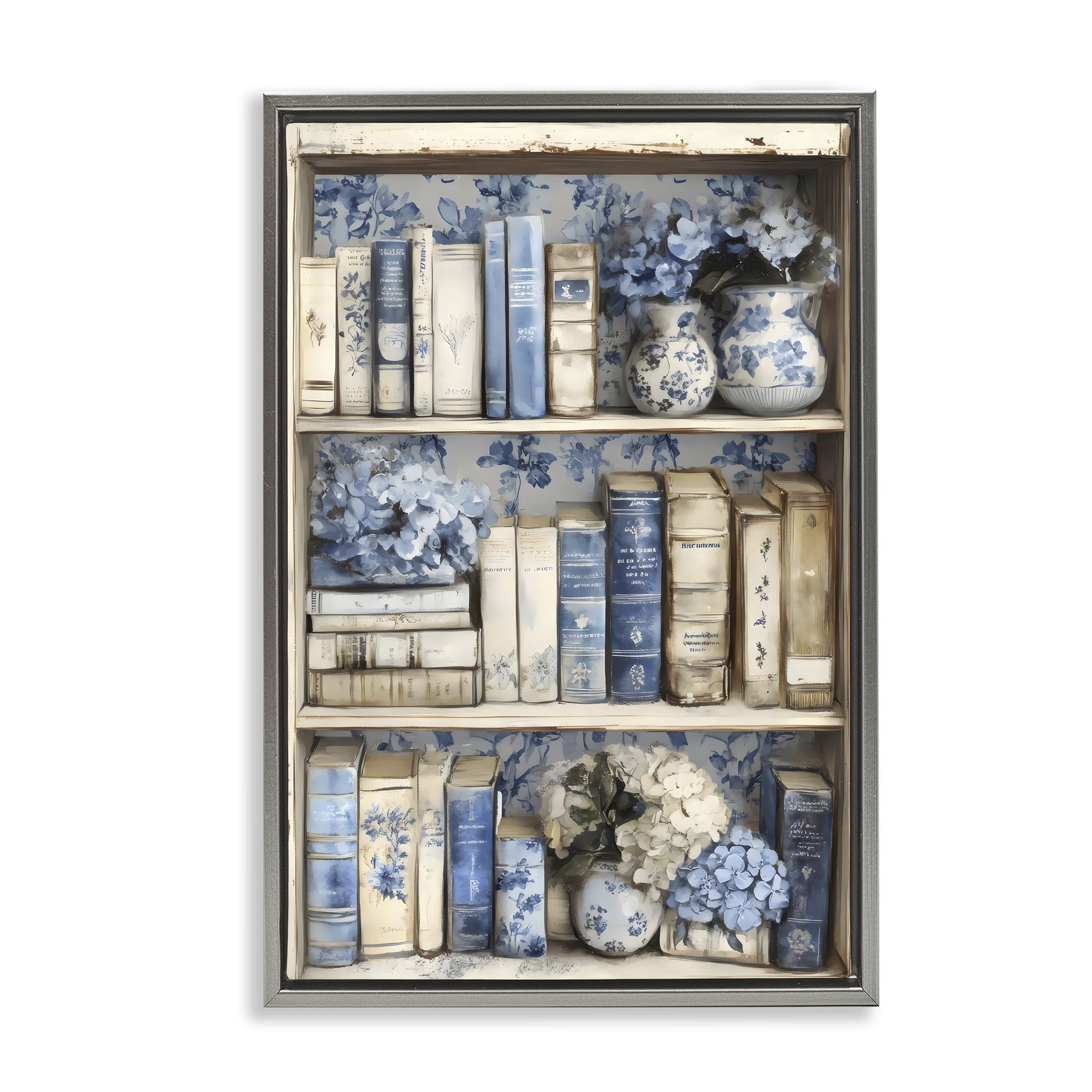 Stupell Industries Blue & Beige Bookcase Gray Framed Floater Canvas Wall Art, design by LSR Design Studio