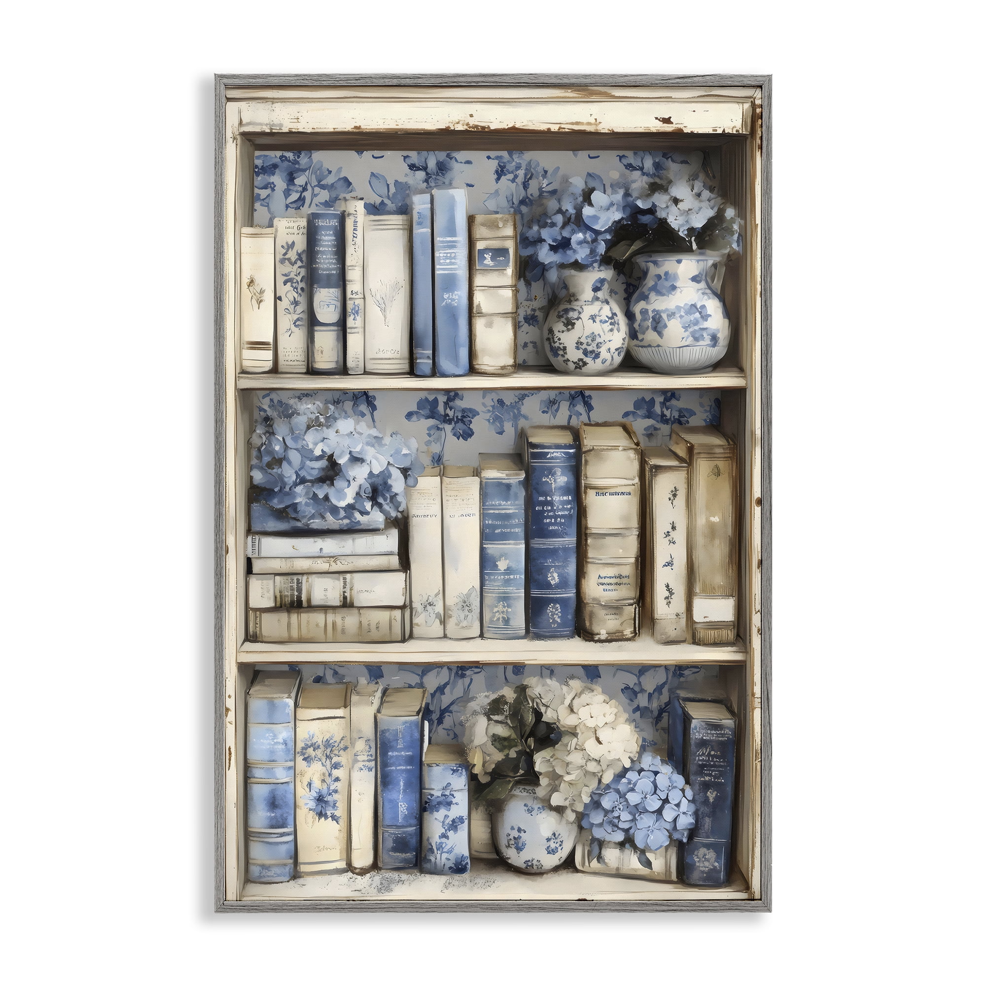 Stupell Industries Blue & Beige Bookcase Gray Framed Giclee Art, design by LSR Design Studio
