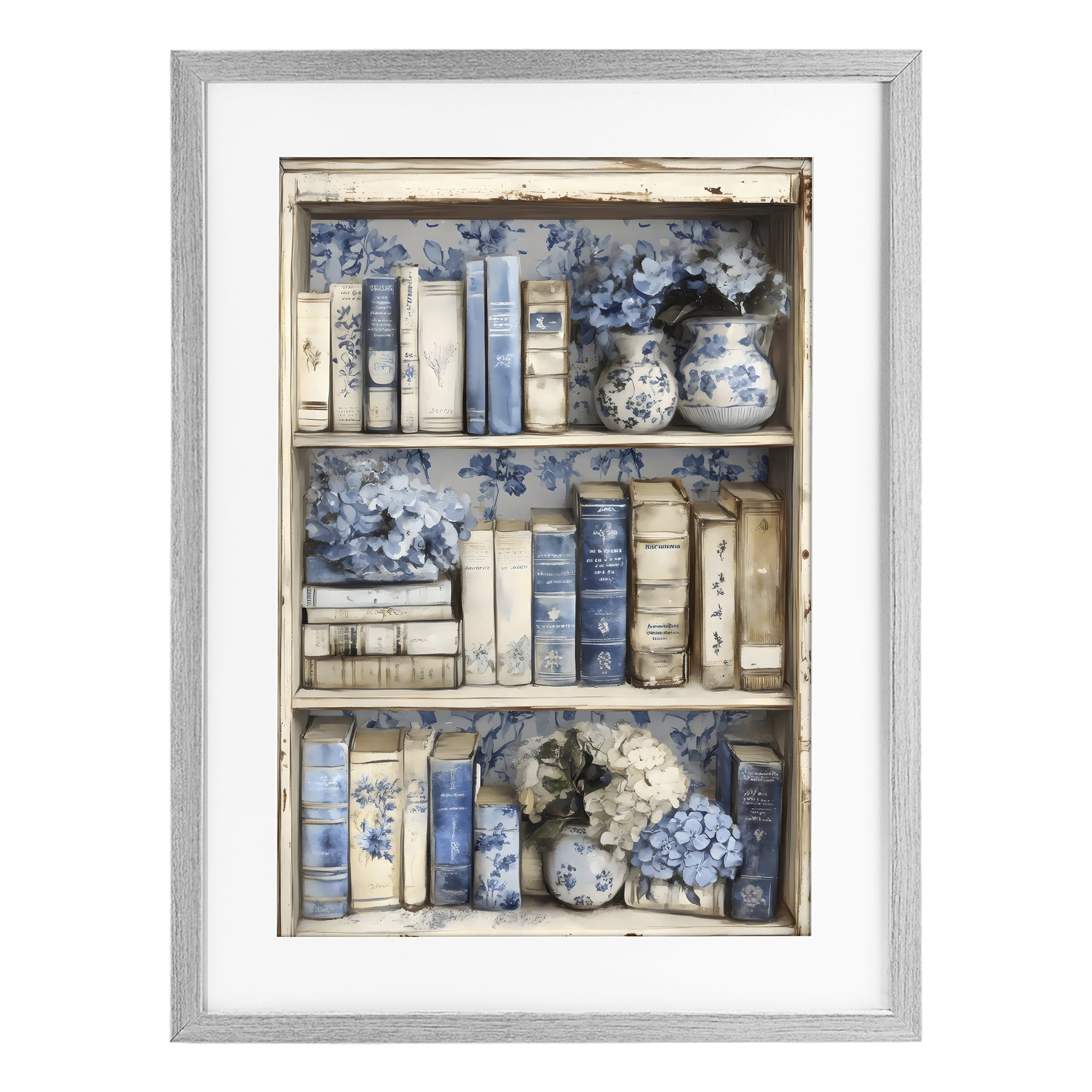 Stupell Industries Blue & Beige Bookcase Gray Framed Print Under Glass, design by LSR Design Studio