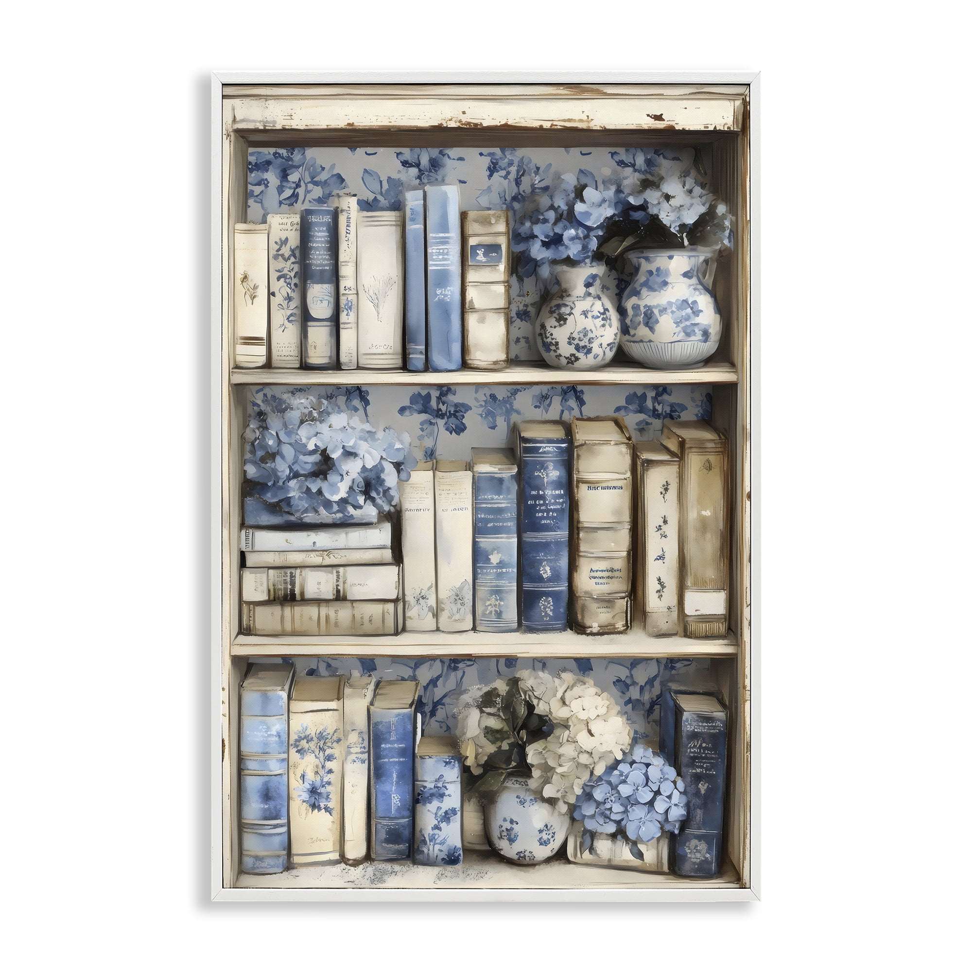 Stupell Industries Blue & Beige Bookcase White Framed Giclee Art, design by LSR Design Studio