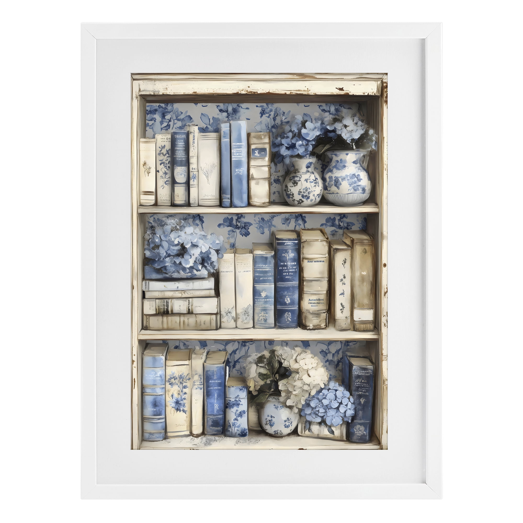 Stupell Industries Blue & Beige Bookcase White Framed Print Under Glass, design by LSR Design Studio