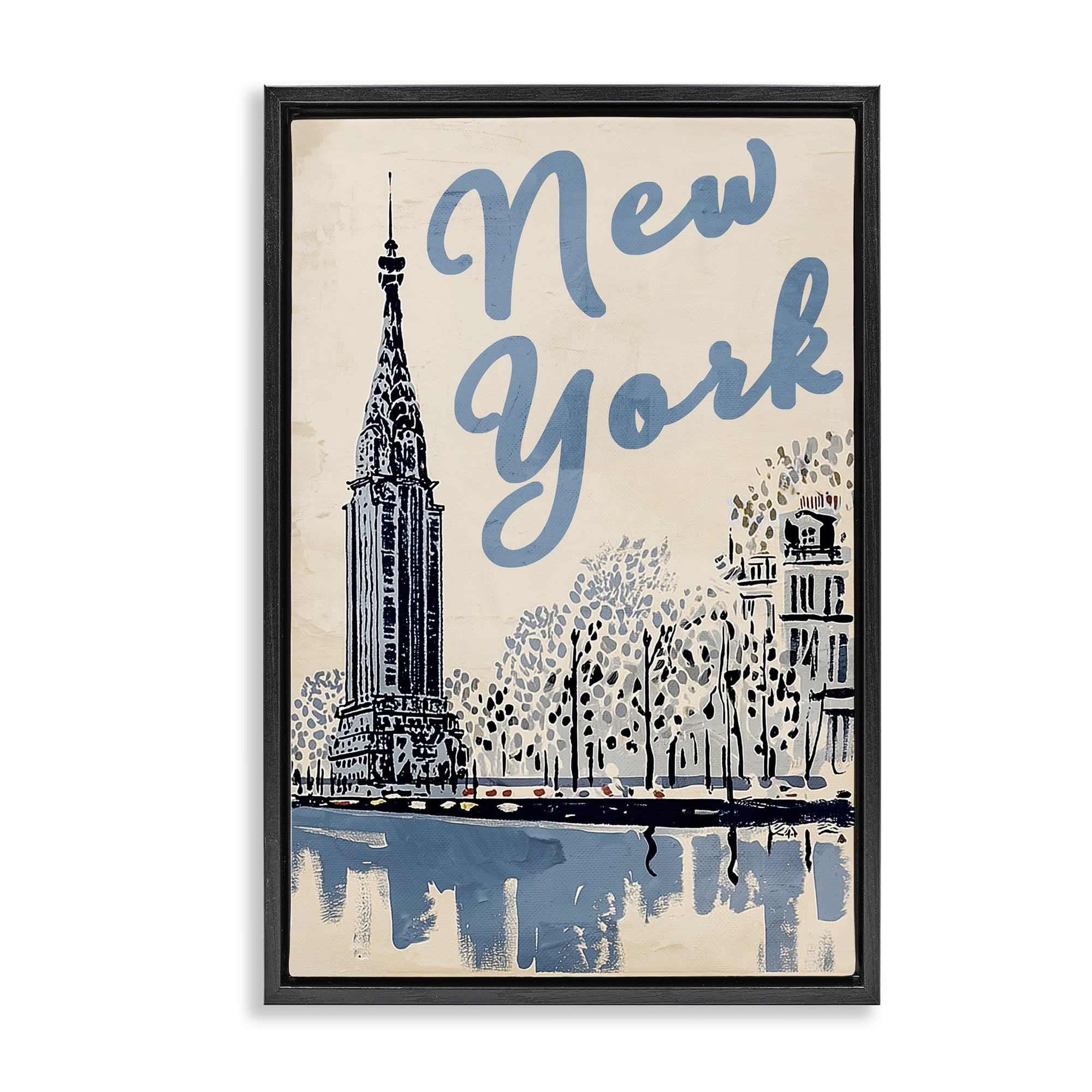 Stupell Industries Blue & Beige New York Travel Black Framed Floater Canvas Wall Art, design by Annabelle Hall