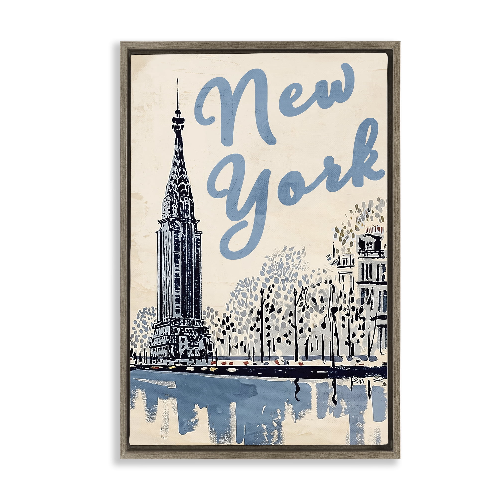 Stupell Industries Blue & Beige New York Travel Brown Framed Floater Canvas Wall Art, design by Annabelle Hall