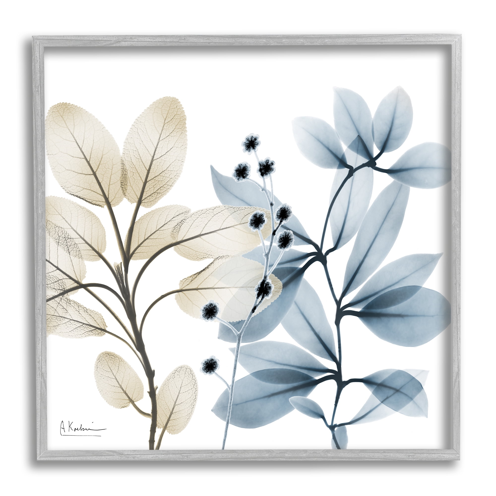 Stupell Industries Blue & Beige Plants Botanical & Floral Painting Gray Framed Art Print Wall Art, 24 x 24