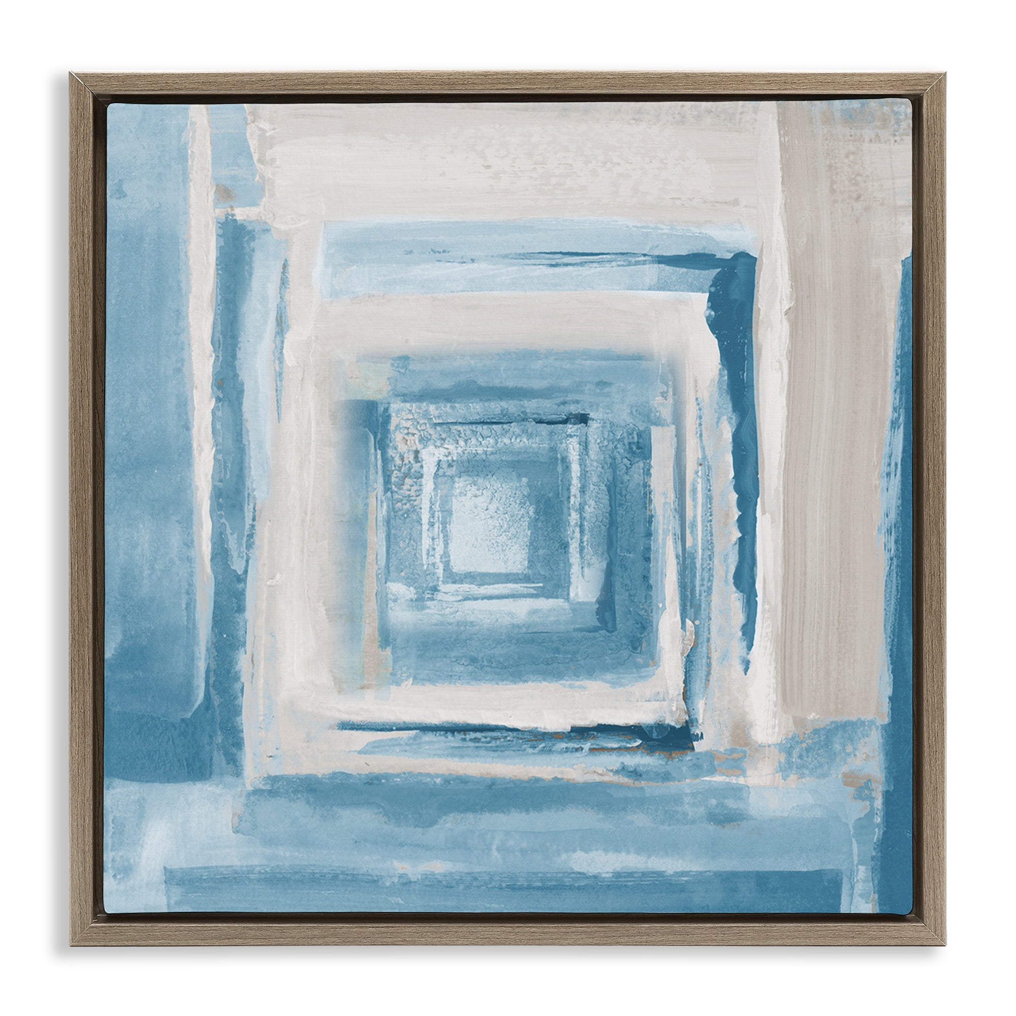 Stupell Industries Blue & Beige Squares Abstract Painting Brown Floater Framed Canvas Art Print Wall Art, 18 x 18