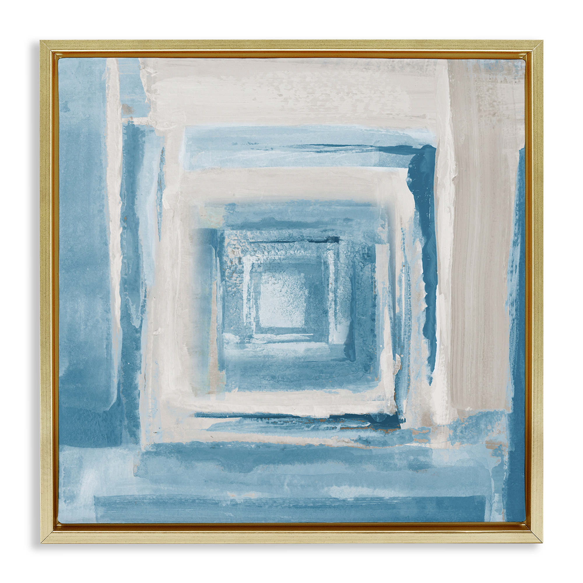 Stupell Industries Blue & Beige Squares Abstract Painting Gold Floater Framed Canvas Art Print Wall Art, 18 x 18