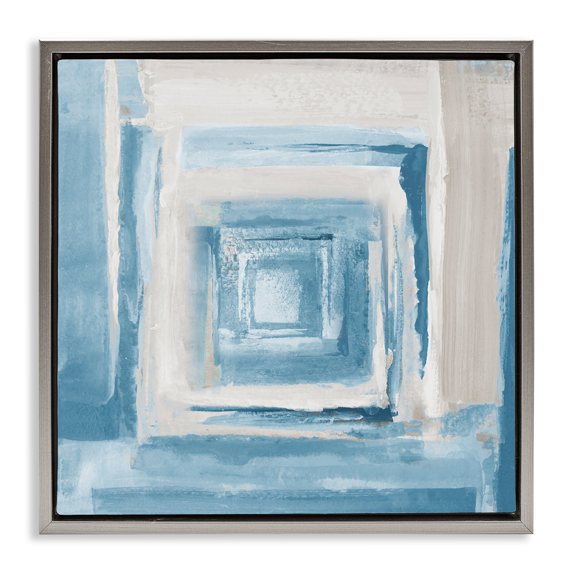 Stupell Industries Blue & Beige Squares Abstract Painting Gray Floater Framed Canvas Art Print Wall Art, 25 x 25