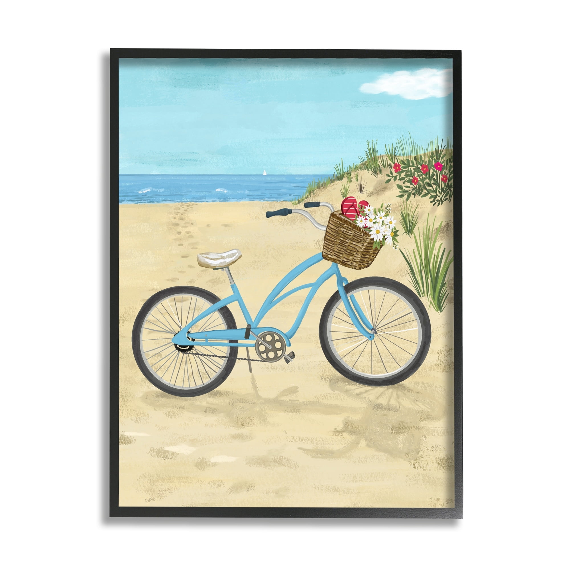 Stupell Industries Blue Bicycle Flower Blossom Basket Beach Sand Painting Black Framed Art Print Wall Art, Design by Sharon Lee