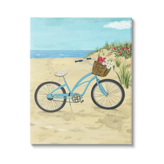 Stupell Industries Blue Bicycle Flower Blossom Basket Beach Sand Painting Gallery Wrapped Canvas Print Wall Art, Design by Sharon Lee