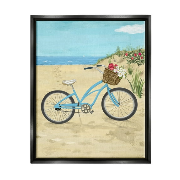 Stupell Industries Blue Bicycle Flower Blossom Basket Beach Sand Painting Jet Black Floating Framed Canvas Print Wall Art, Design by Sharon Lee