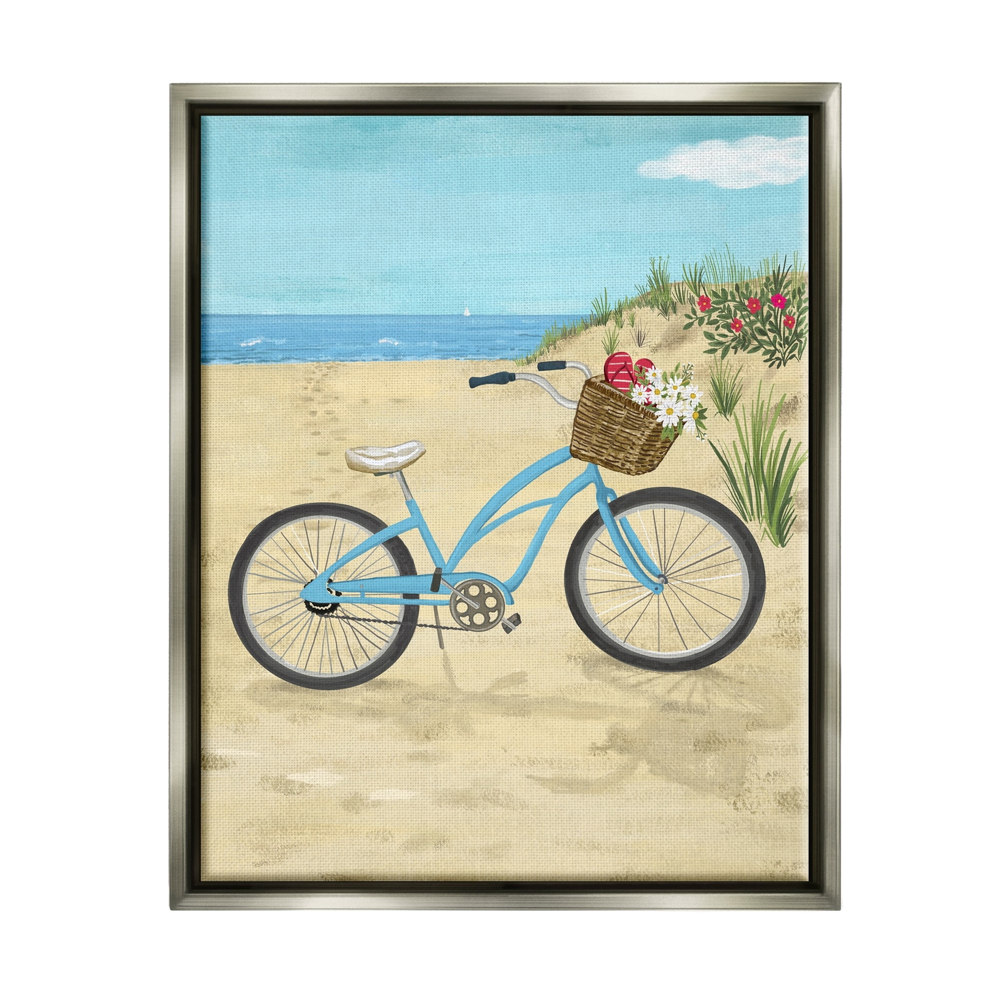 Stupell Industries Blue Bicycle Flower Blossom Basket Beach Sand Painting Luster Gray Floating Framed Canvas Print Wall Art, Design by Sharon Lee