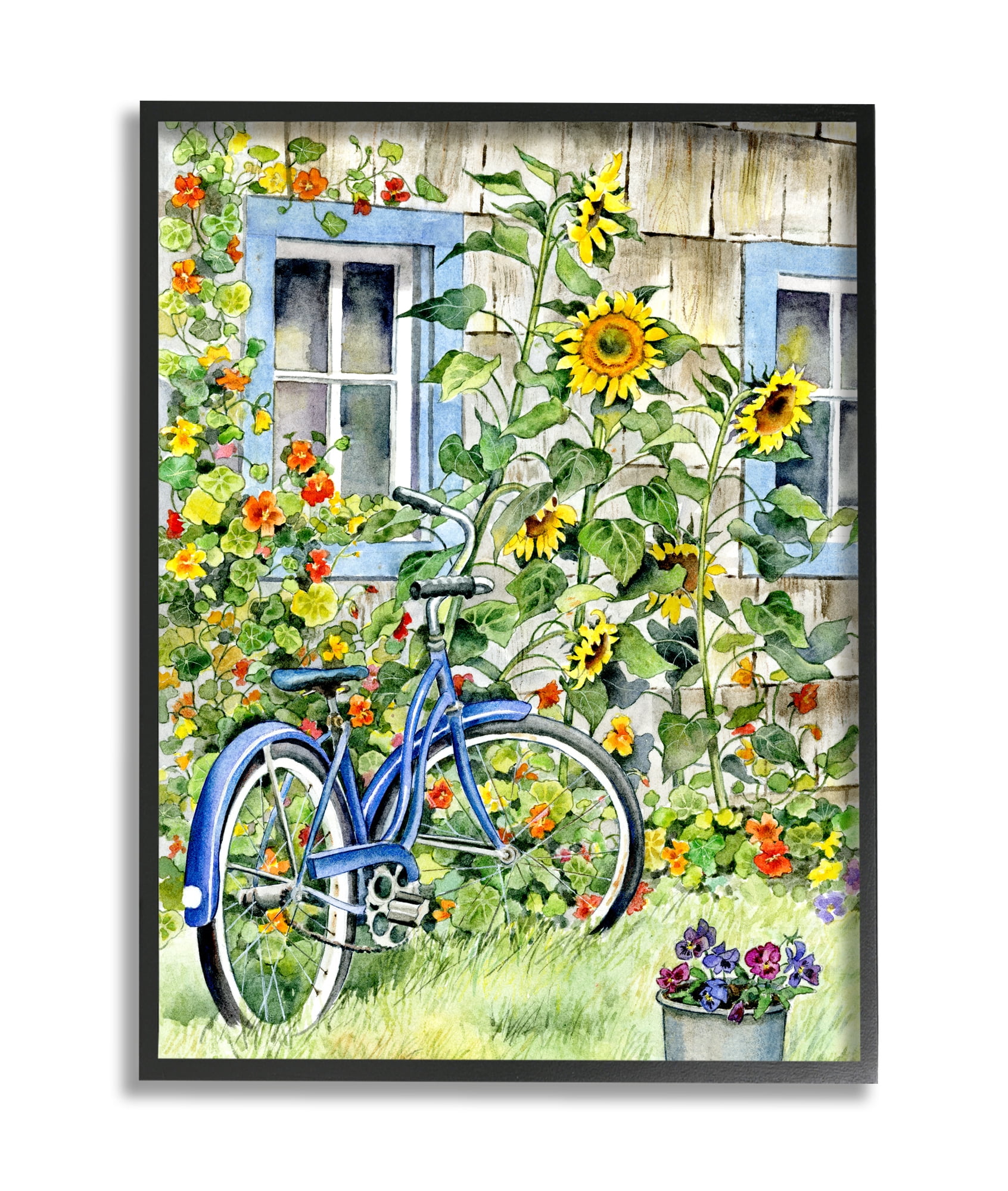 Stupell Industries Blue Bicycle on Traditional Farmhouse Sunflowers Black Framed, 11 x 14, Design by Gwendolyn Babbitt