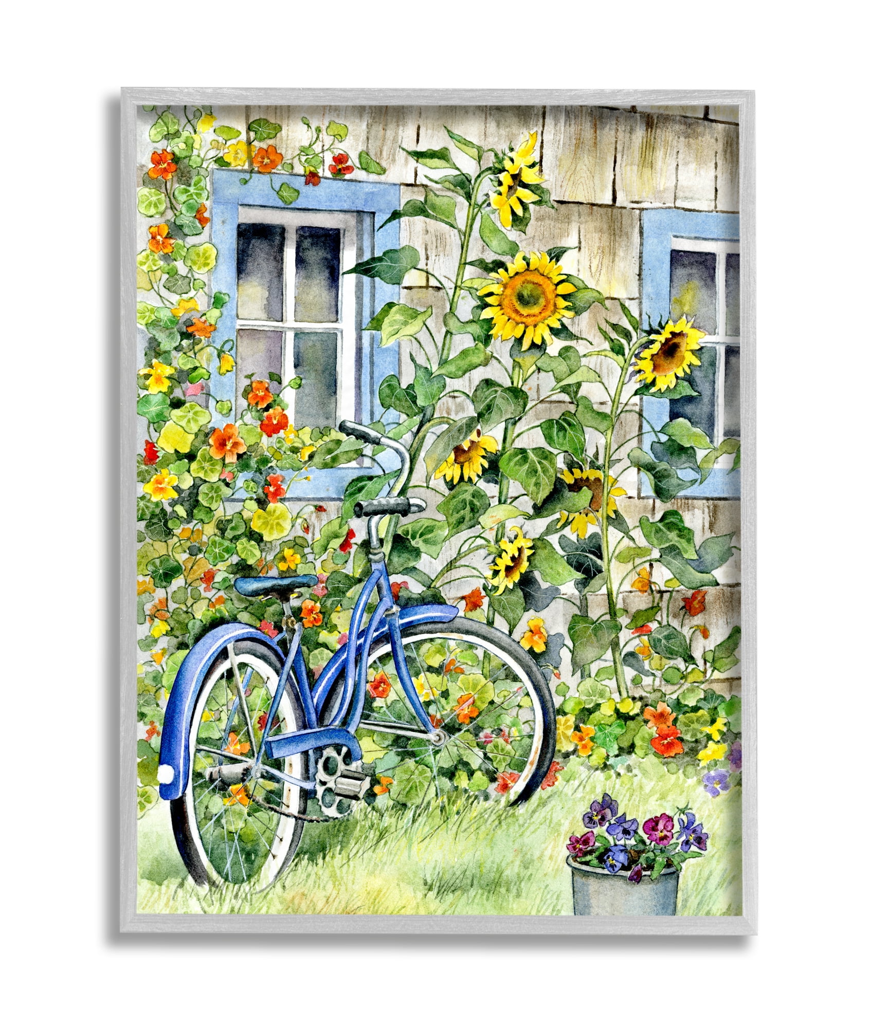 Stupell Industries Blue Bicycle on Traditional Farmhouse Sunflowers Grey Framed, 16 x 20, Design by Gwendolyn Babbitt