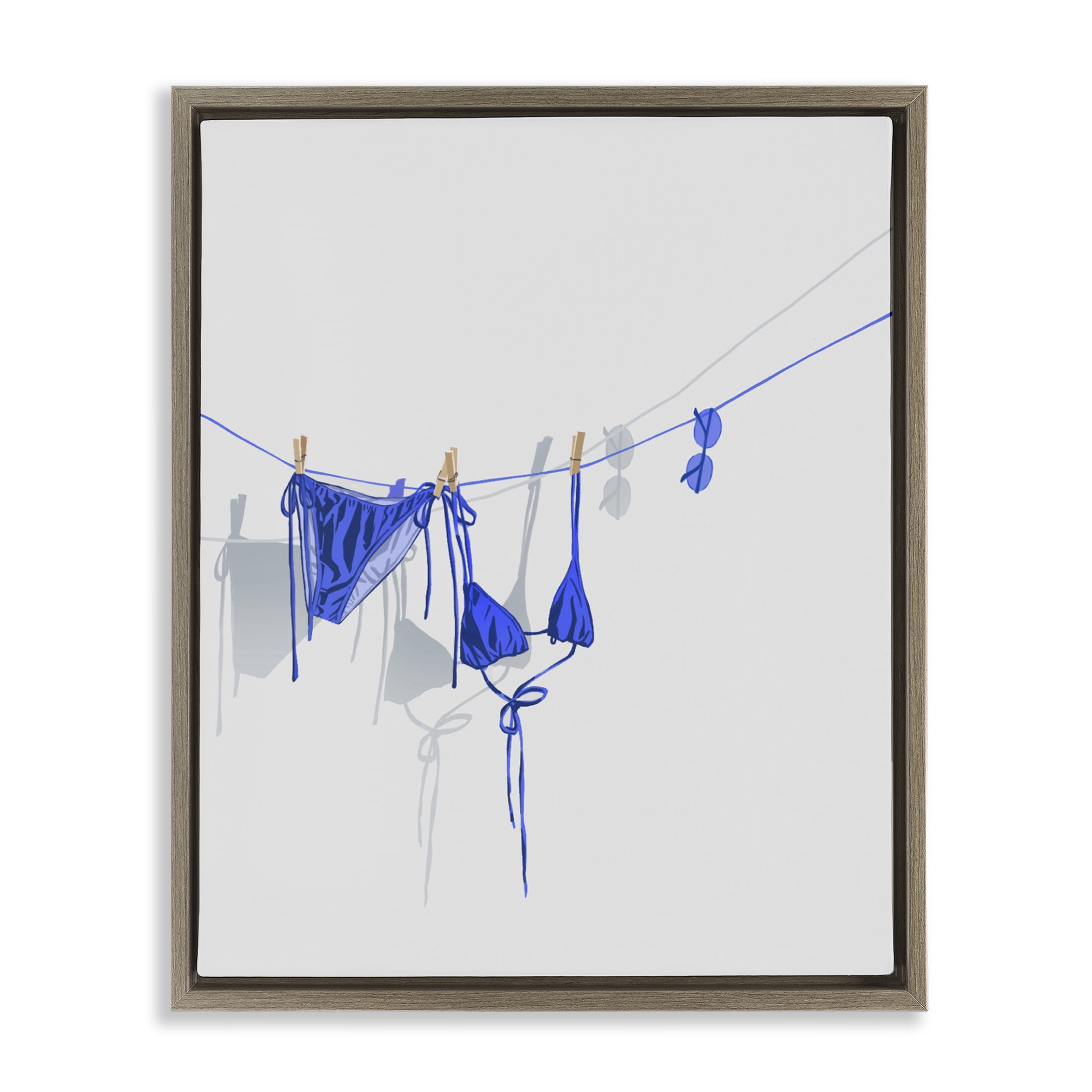 Stupell Industries Blue Bikini on Clothesline Brown Framed Floater Canvas Wall Art, design by Ziwei Li