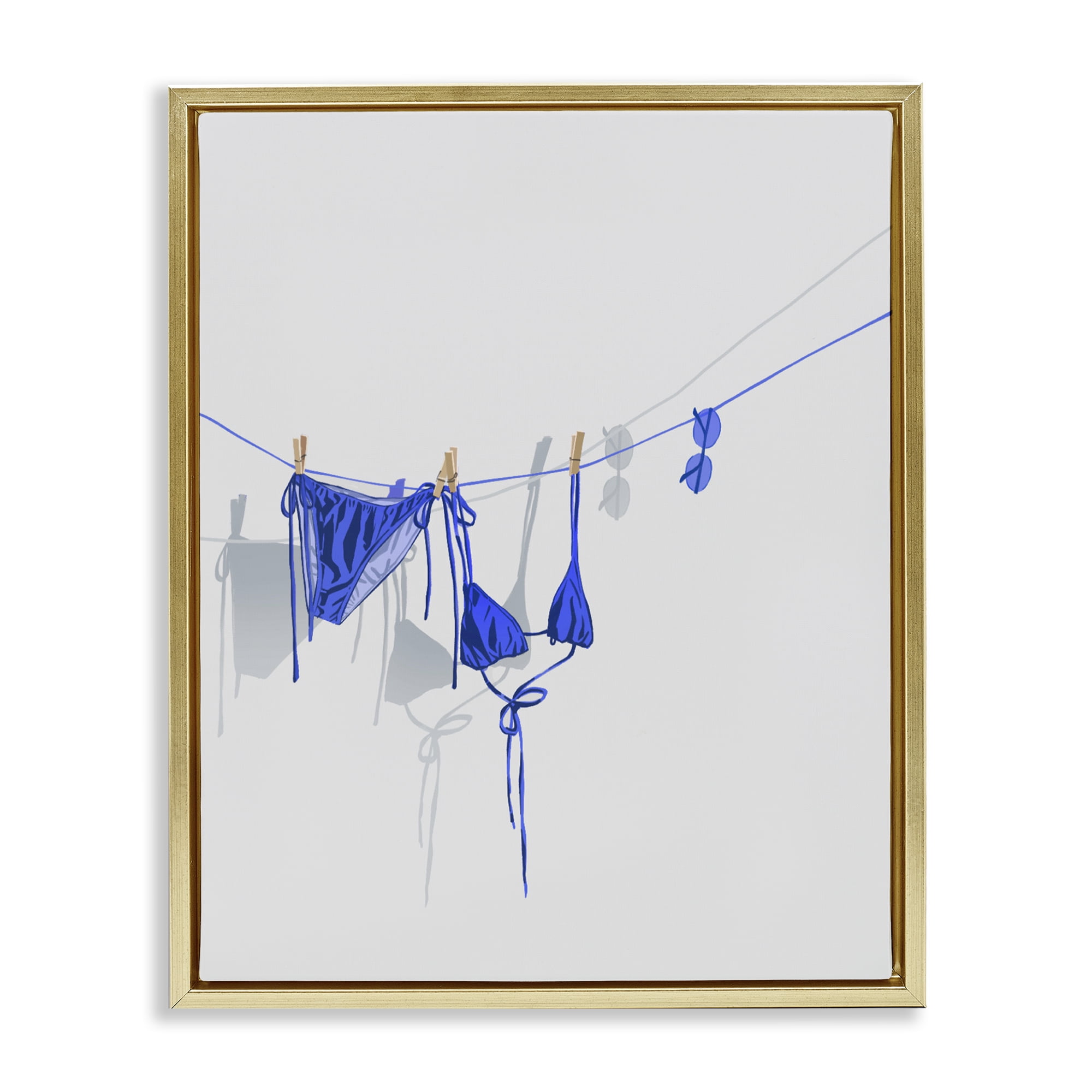 Stupell Industries Blue Bikini on Clothesline Gold Framed Floater Canvas Wall Art, design by Ziwei Li