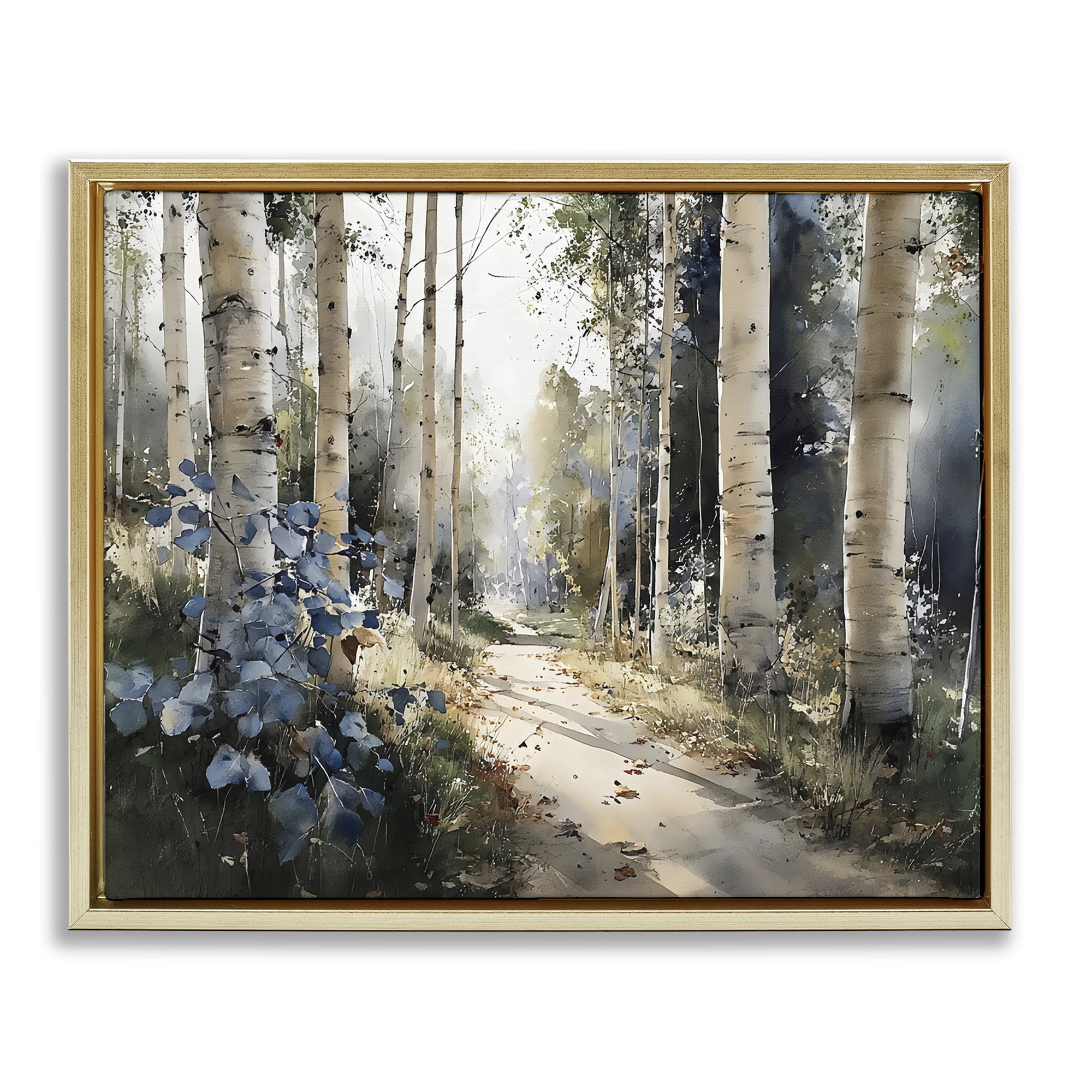 Stupell Industries Blue Birch Sunlit Forest Gold Framed Floater Canvas Wall Art, design by Franklyn Gregory