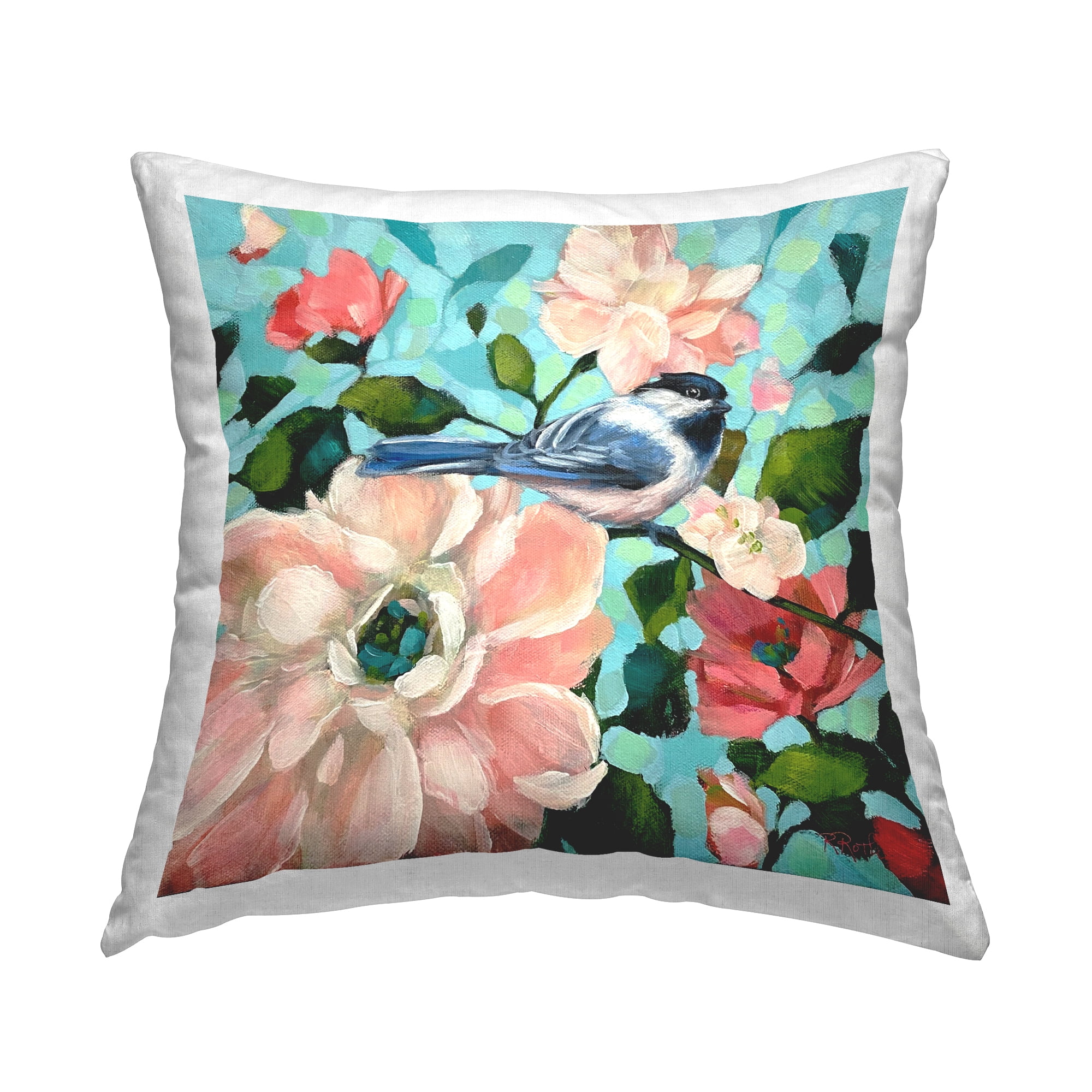 Stupell Industries Blue Bird & Bold Flowers Decorative Printed Throw Pillow Design by Raquel Roth.