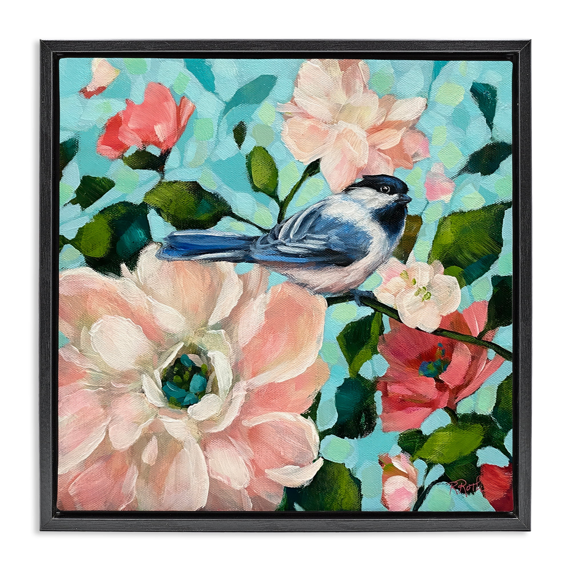 Stupell Industries Blue Bird & Bold Flowers Plants & Flowers Painting Black Floater Framed Canvas Art Print Wall Art, 25 x 25
