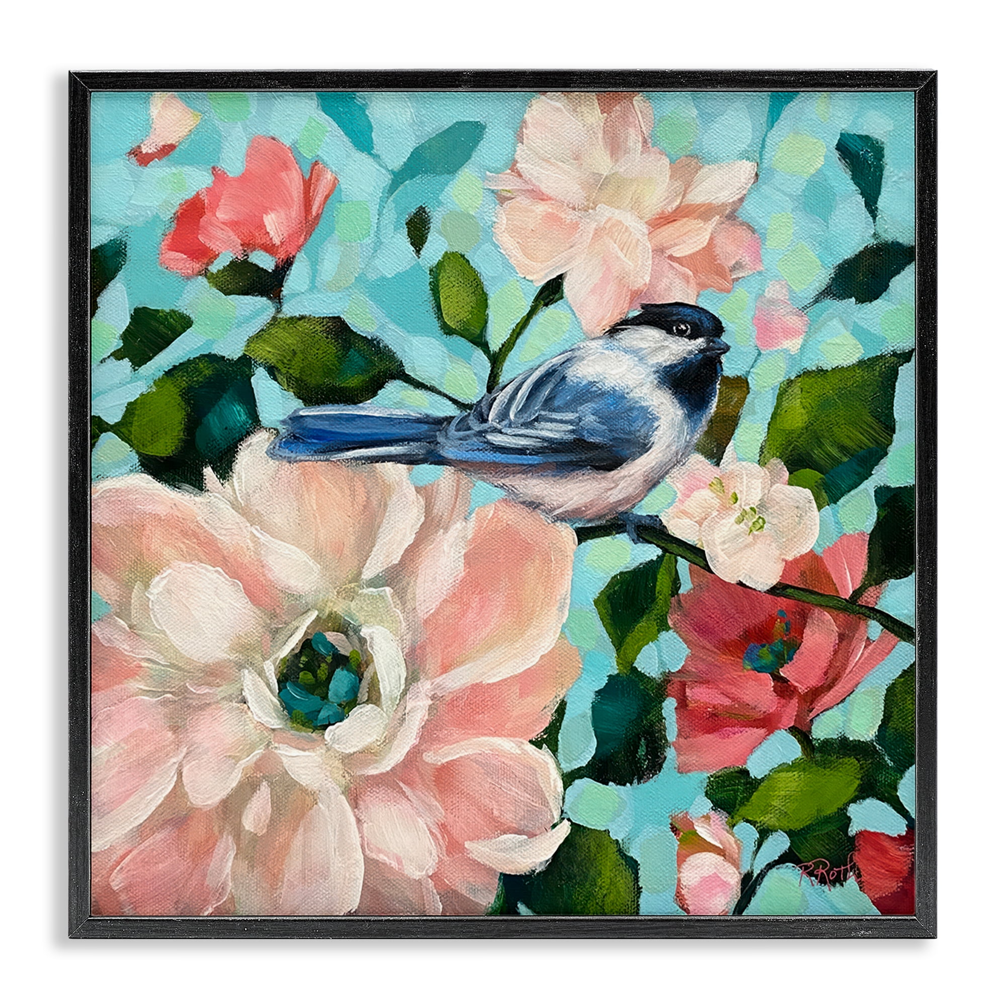 Stupell Industries Blue Bird & Bold Flowers Plants & Flowers Painting Black Framed Art Print Wall Art, 17 x 17