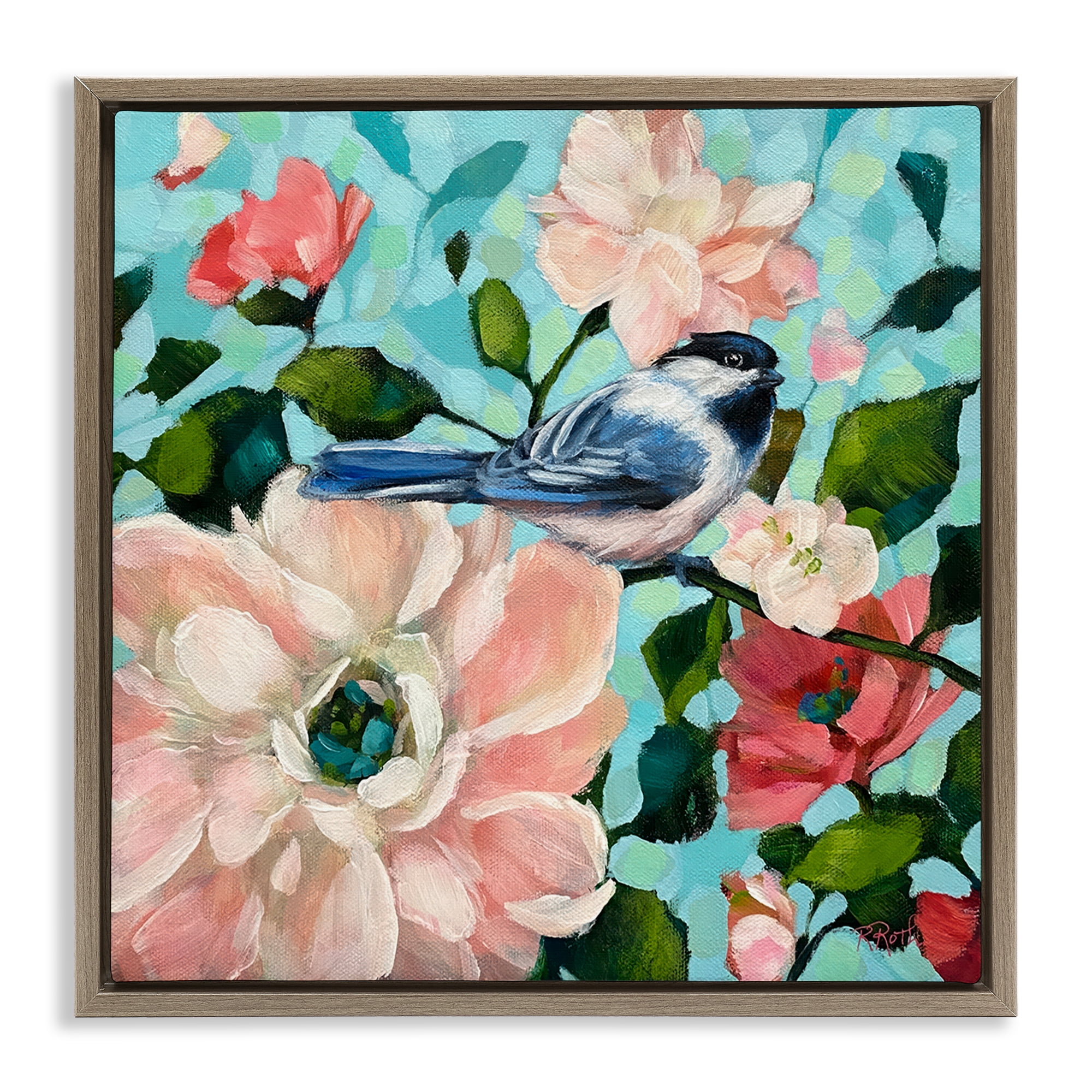 Stupell Industries Blue Bird & Bold Flowers Plants & Flowers Painting Brown Floater Framed Canvas Art Print Wall Art, 18 x 18